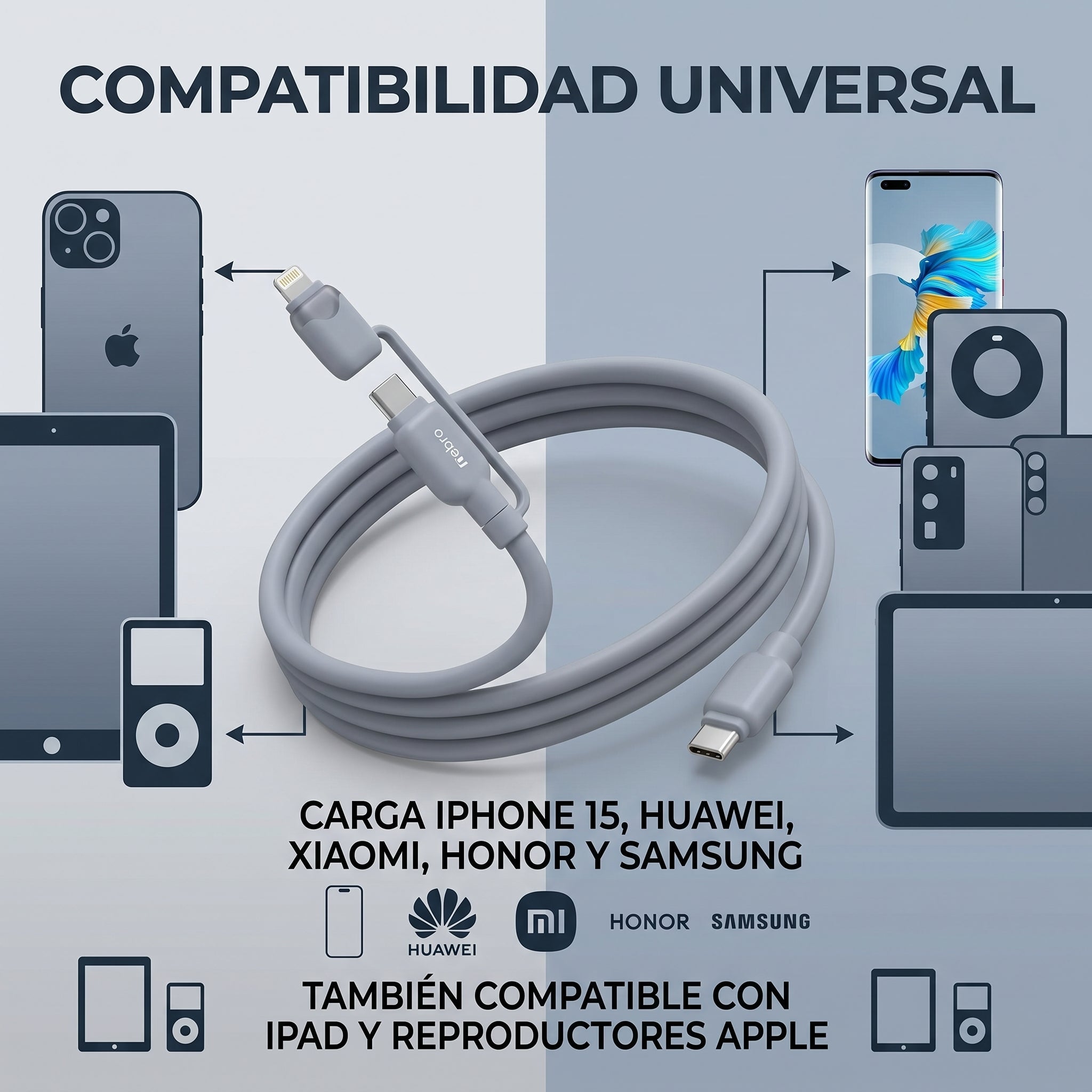 Cable 2 en 1 Tipo-C a Tipo-C y Lightning Nebro WD-319 Carga Universal - Imagen 4