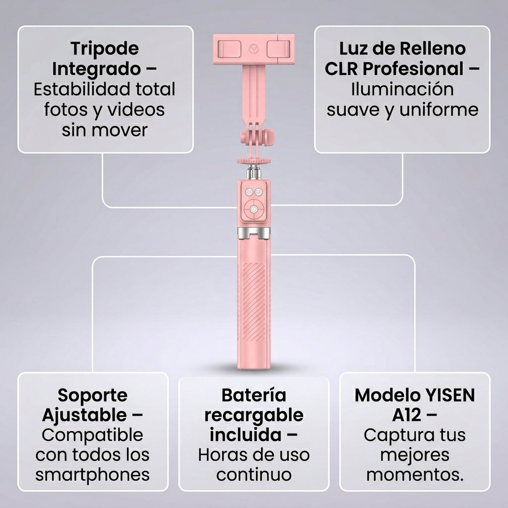 Palo para Selfies con Trípode y Luz de Relleno YISEN A12 - Imagen 9