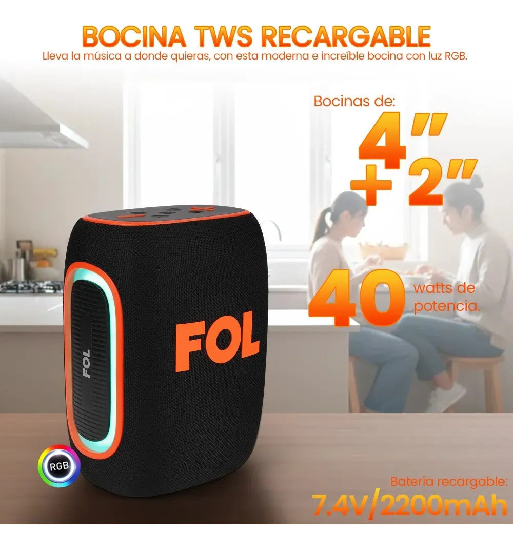 Bocina Portátil Bluetooth FOL FS-D30 PRO 40W Woofer 4' + Tweeter 2' 5hrs bateria - Imagen 3