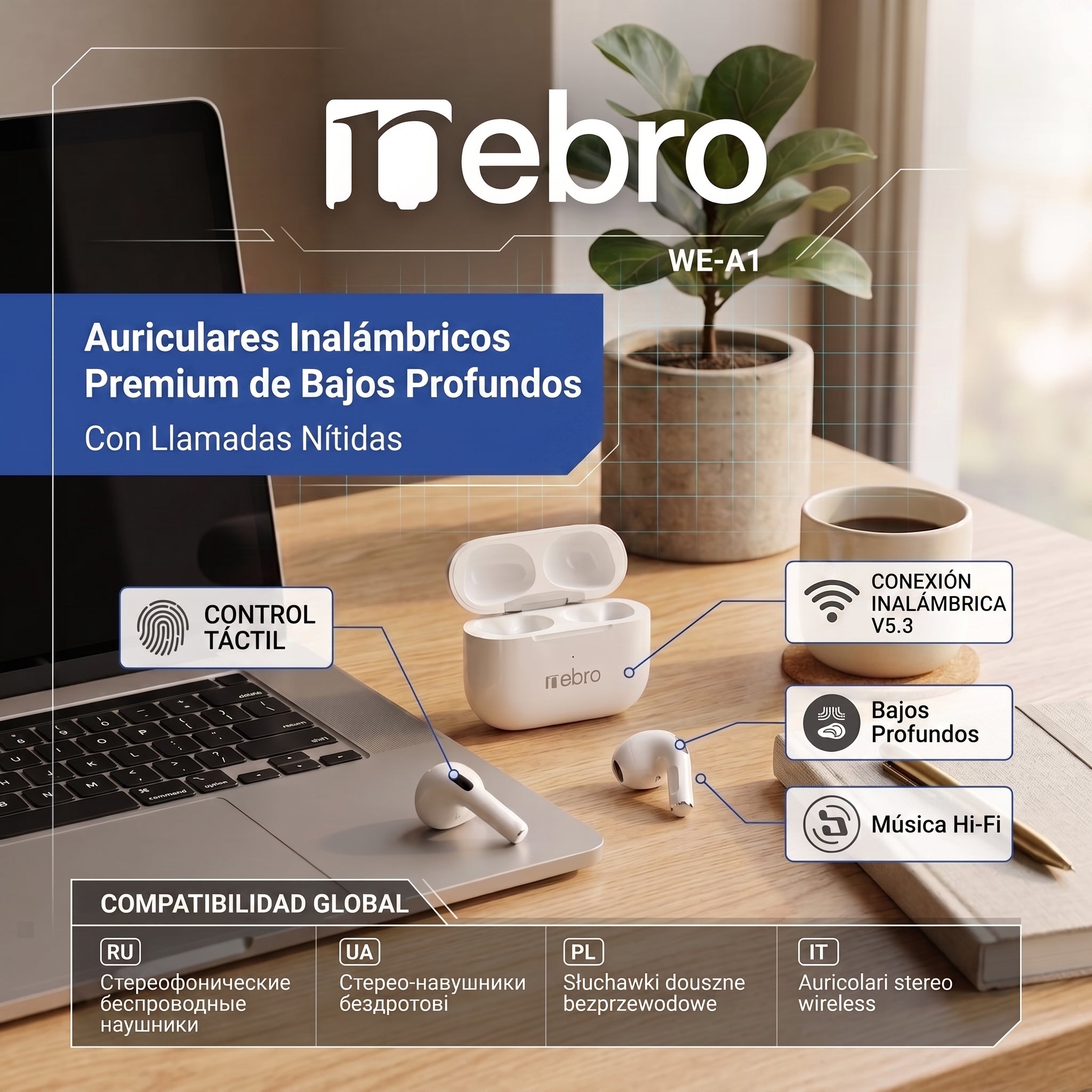 Audífonos Inalámbricos Nebro WE-014 — Bluetooth 5.3 TWS - Imagen 2