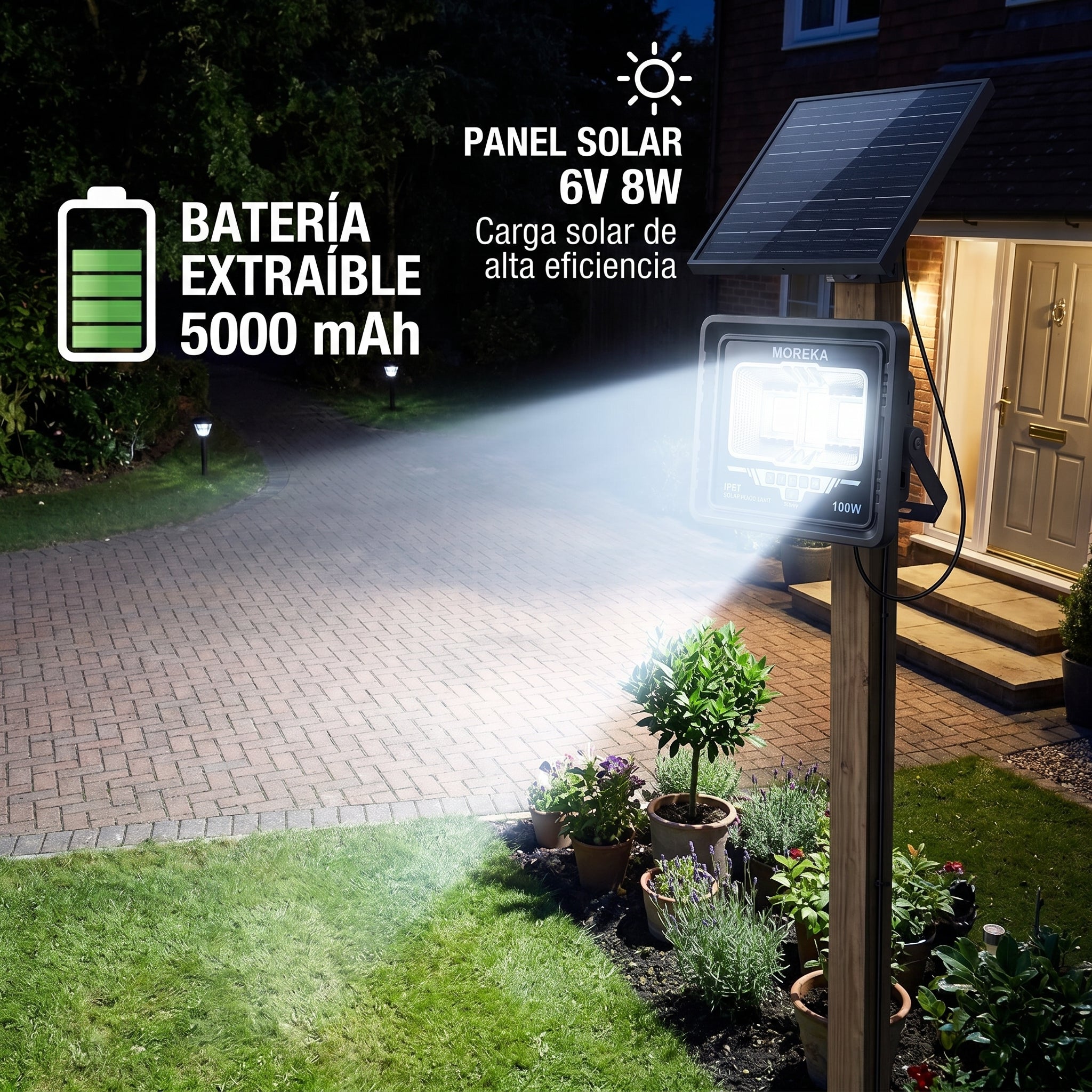Lámpara Solar Reflector Moreka MOR-1100W 100W IP67 Control 5000 mAh - Imagen 3