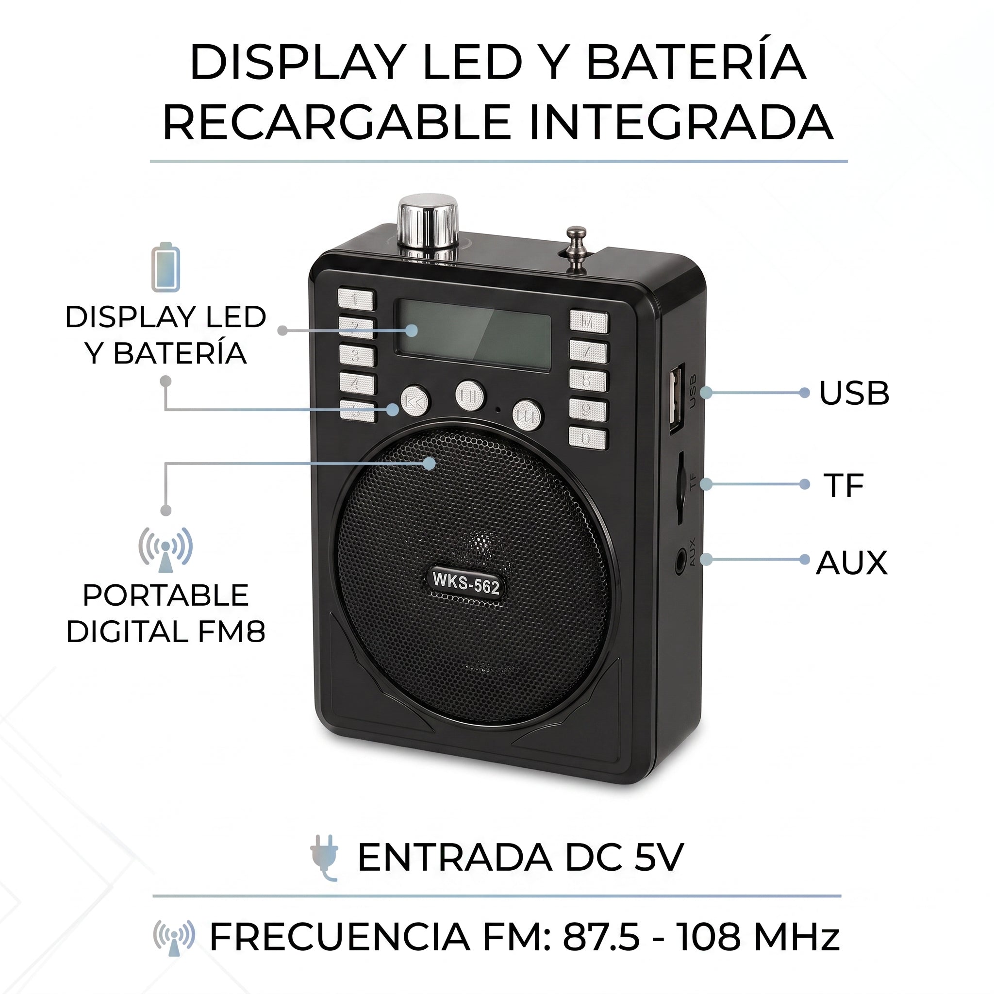 Bocina Radio Portátil AM/FM Bluetooth Büytiti WKS-562 USB Micro SD - Imagen 3