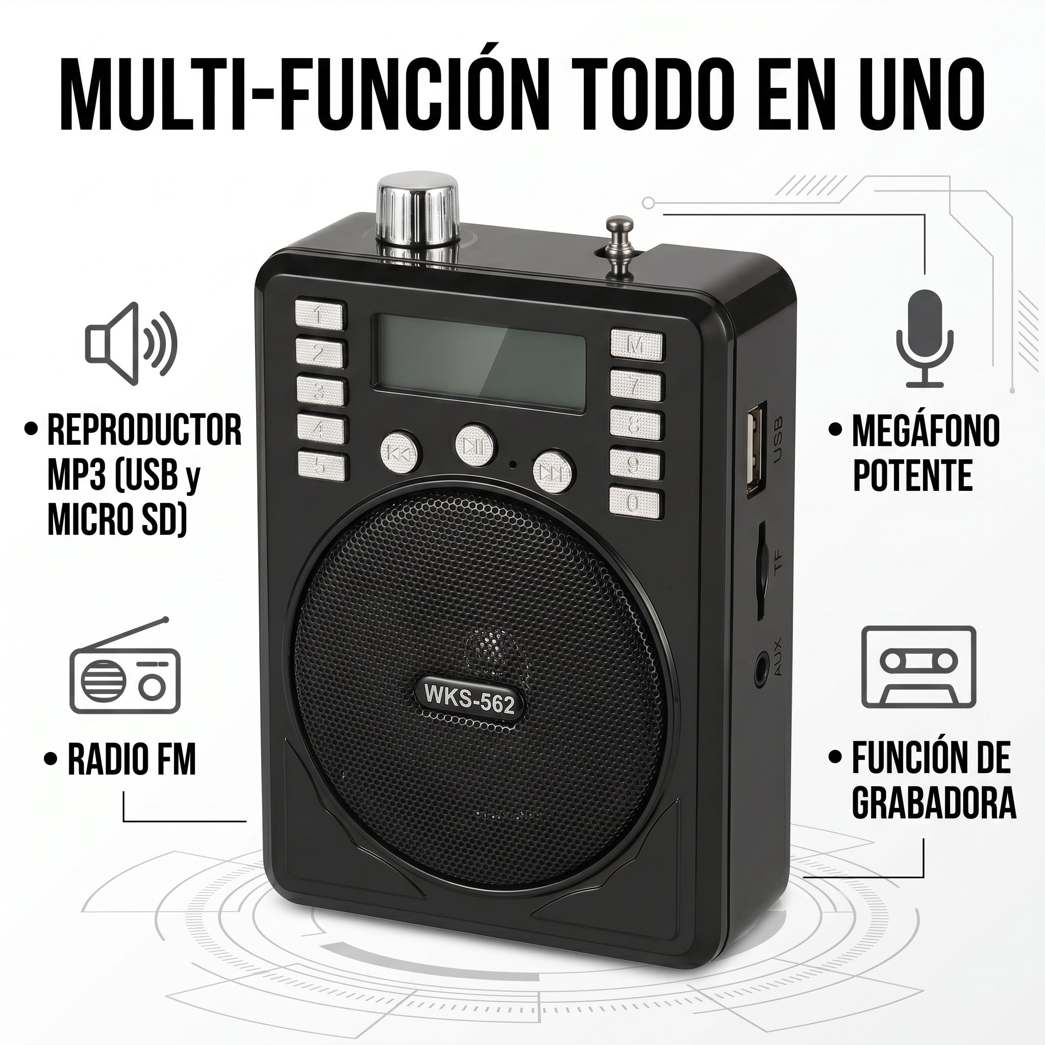 Bocina Radio Portátil AM/FM Bluetooth Büytiti WKS-562 USB Micro SD - Imagen 4