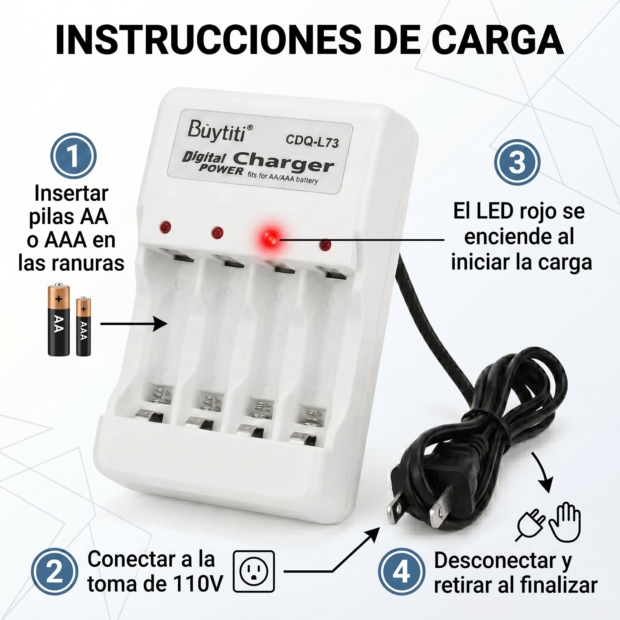 Cargador de Pilas AA/AAA Baterias BuyTiti CDQ-L73 con Indicador LED - Imagen 3