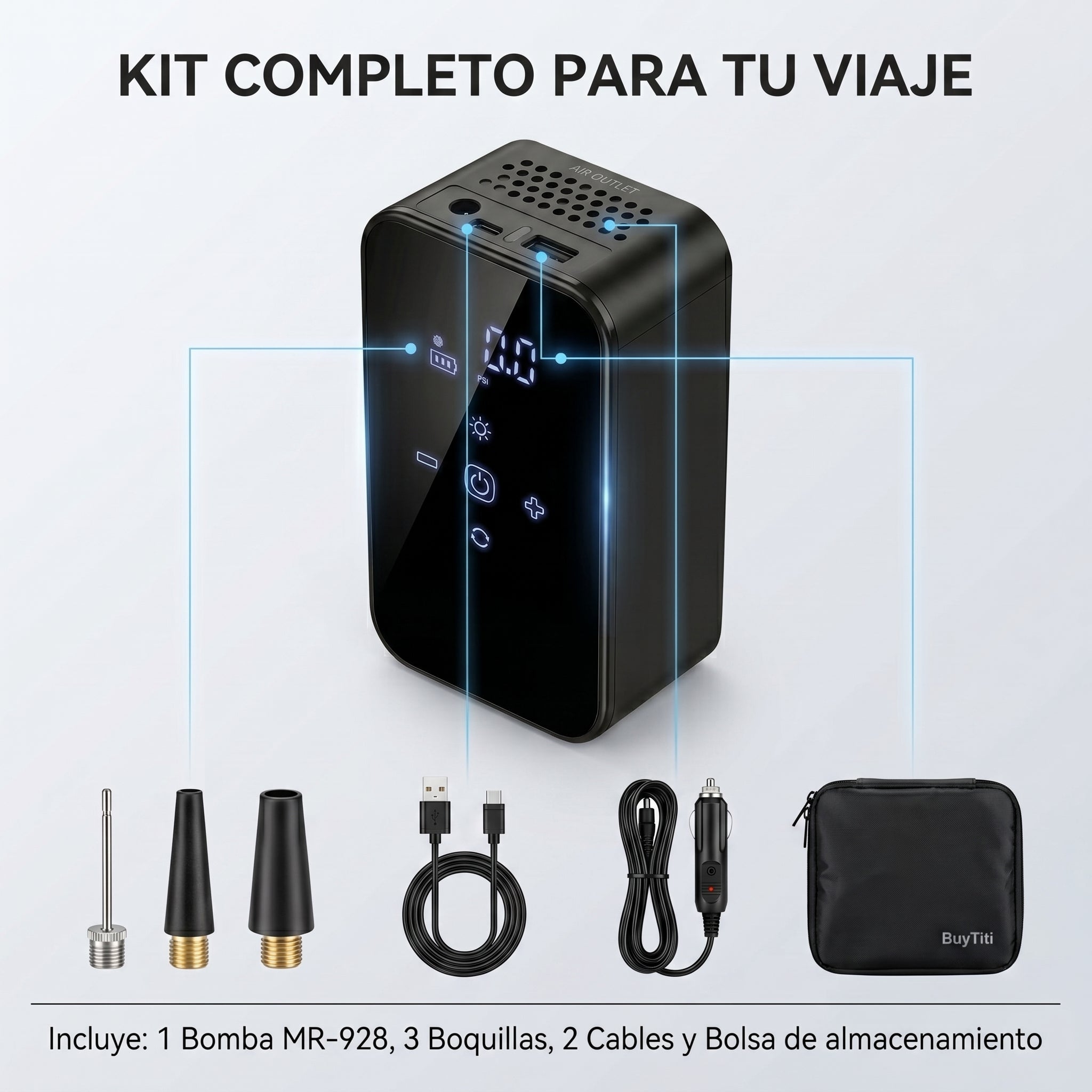 Bomba Inflable Eléctrica Portátil BuyTiti MR-928 150 PSI Batería 3900 mAh - Imagen 2