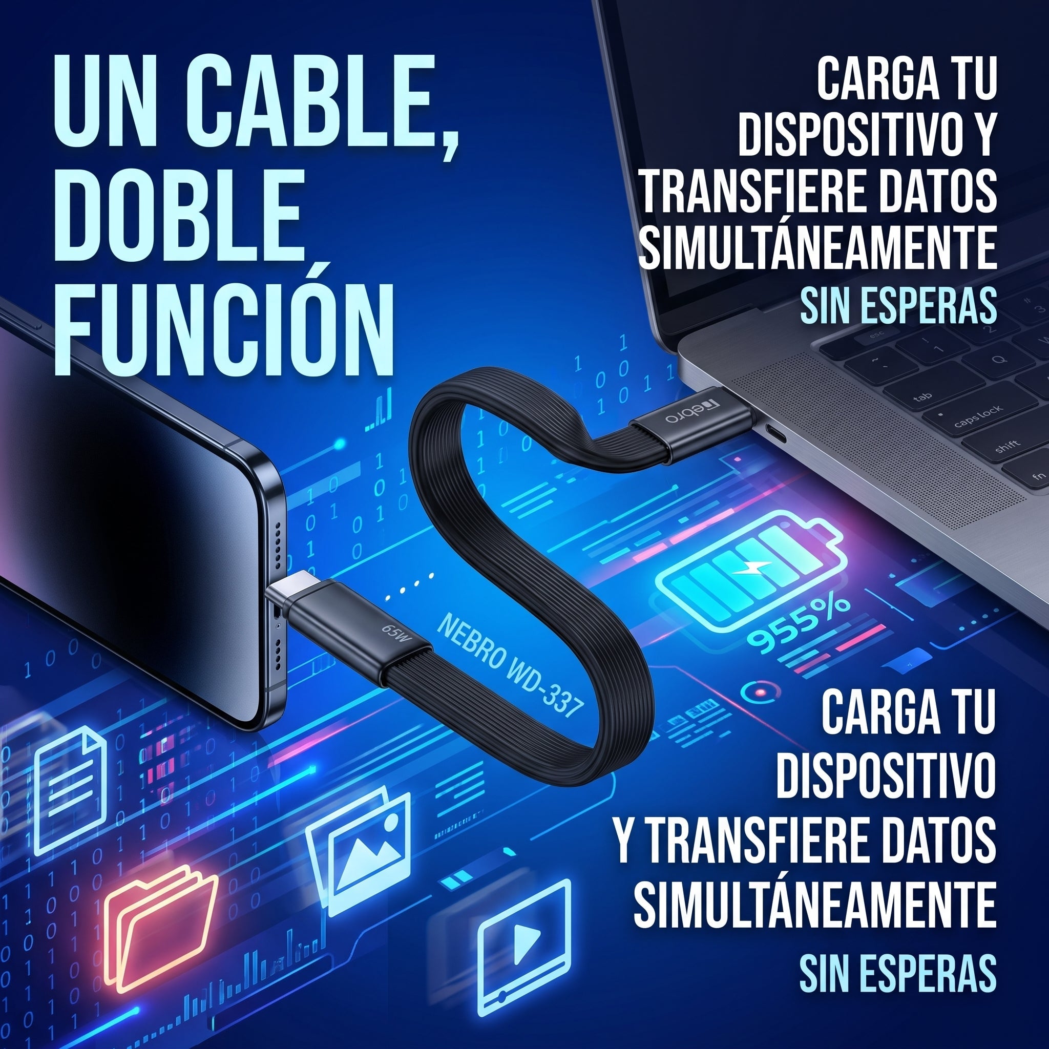 Cable USB C a USB C de Carga Rápida NEBRO WD-337 65W Silicona 1.2m - Imagen 4