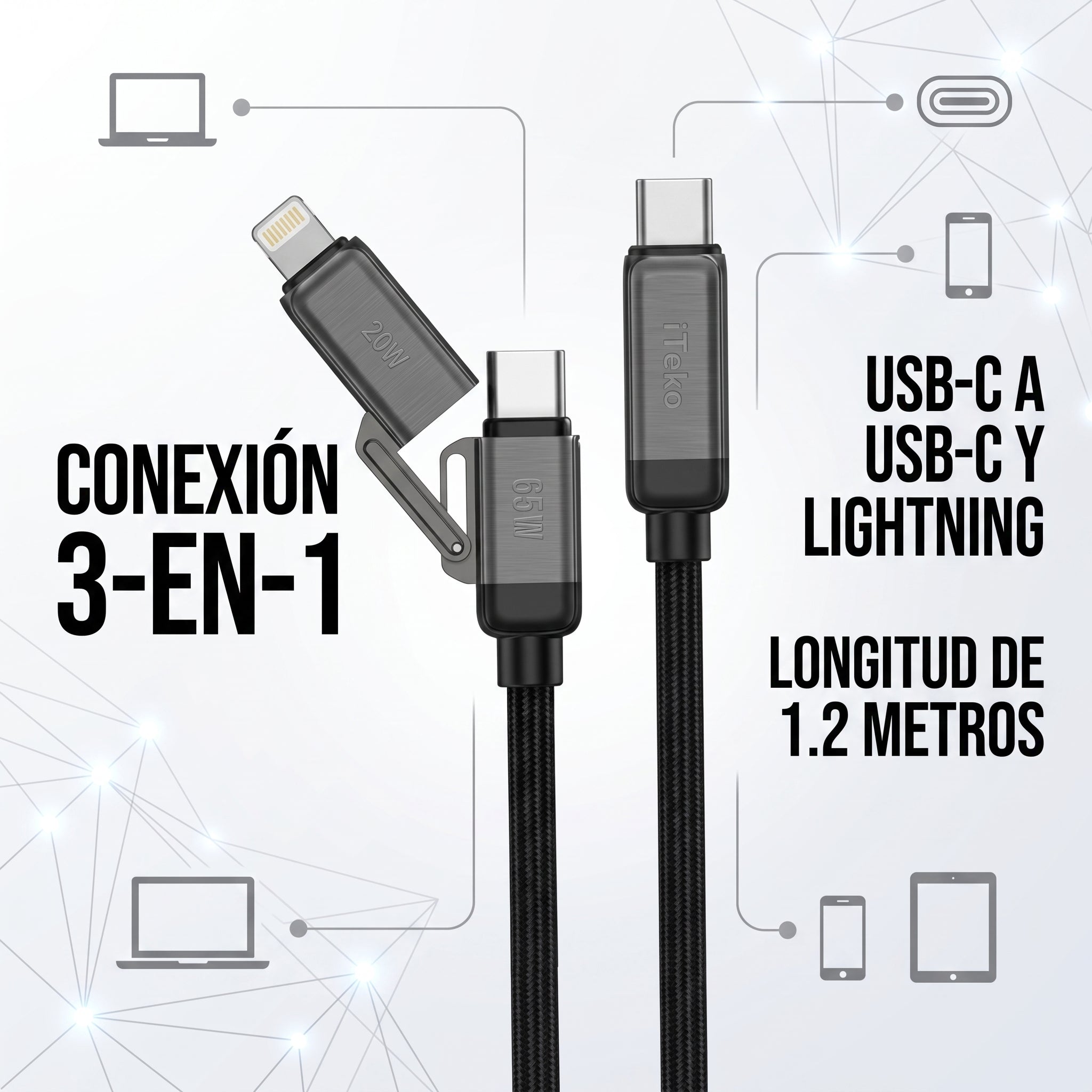 Cable Tipo-C a Tipo-C y Lightning 3 en 1 Nebro WD-340 Carga Rapida 1.2m - Imagen 2