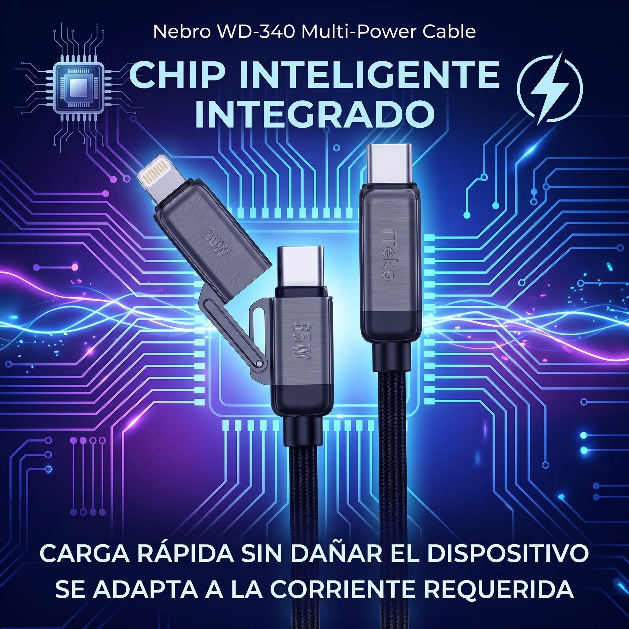 Cable Tipo-C a Tipo-C y Lightning 3 en 1 Nebro WD-340 Carga Rapida 1.2m - Imagen 4