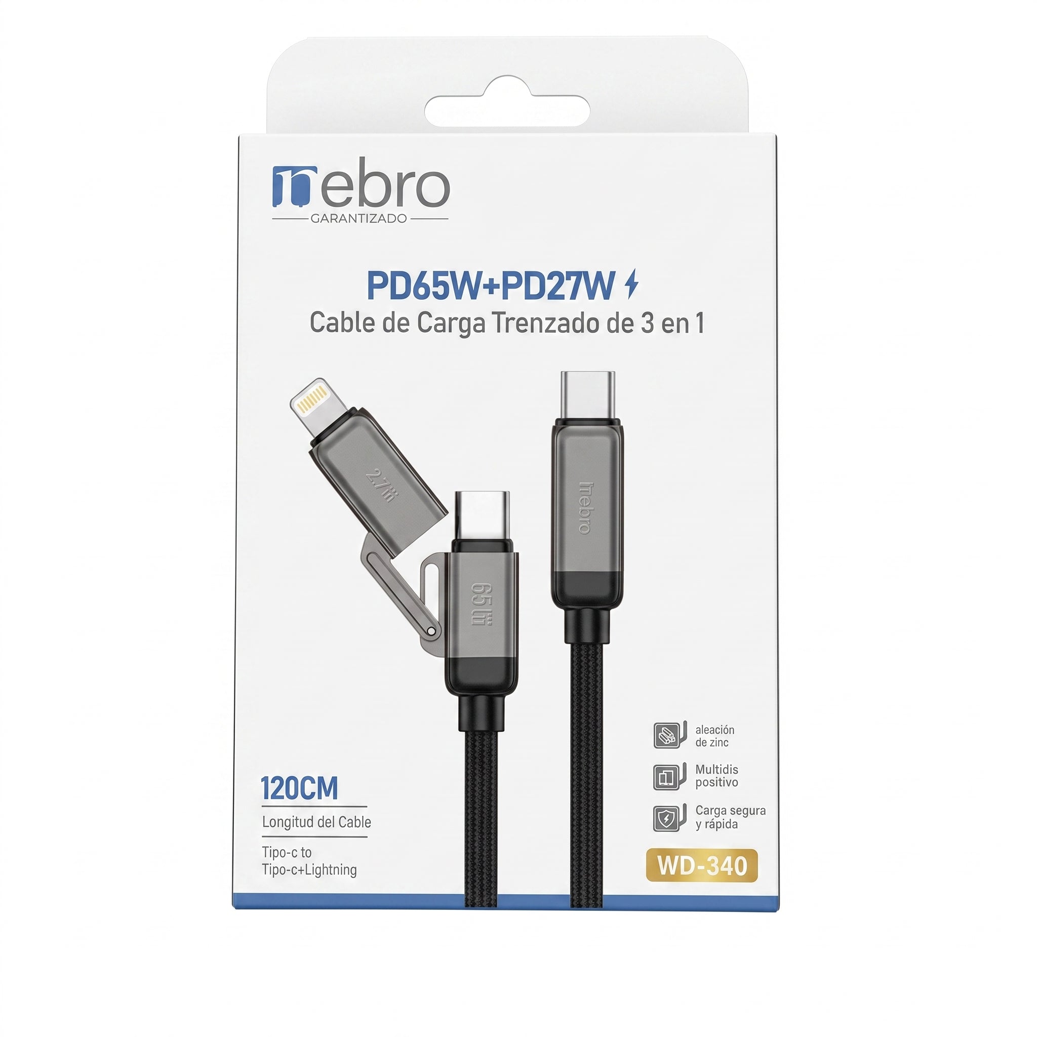 Cable Tipo-C a Tipo-C y Lightning 3 en 1 Nebro WD-340 Carga Rapida 1.2m - Imagen 9
