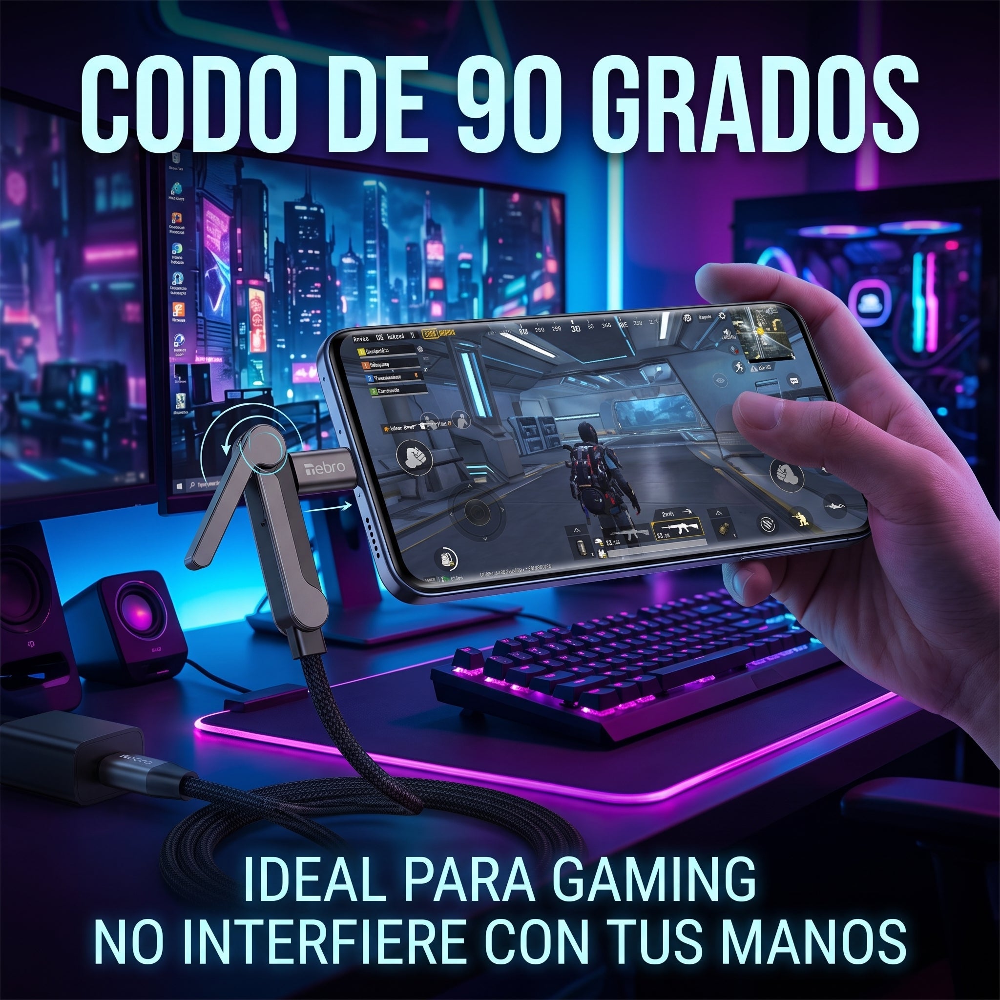 Cable USB C a USB C de Carga y Datos NEBRO WD-322 240W Codo 90 Grados - Imagen 3