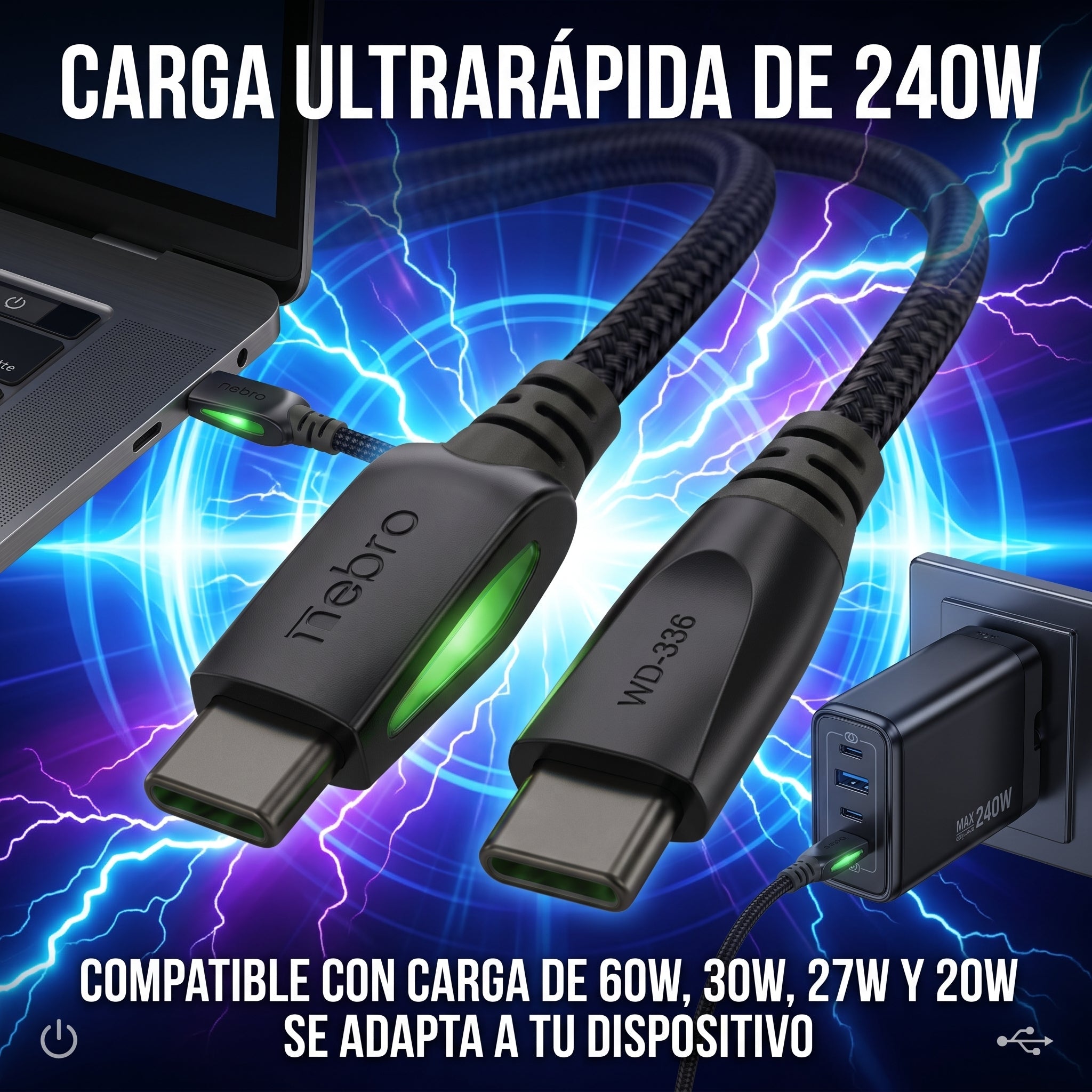 Cable USB C a USB C NEBRO WD-336 Carga Ultrarrápida 240W Silicona 1.5 Mts - Imagen 3
