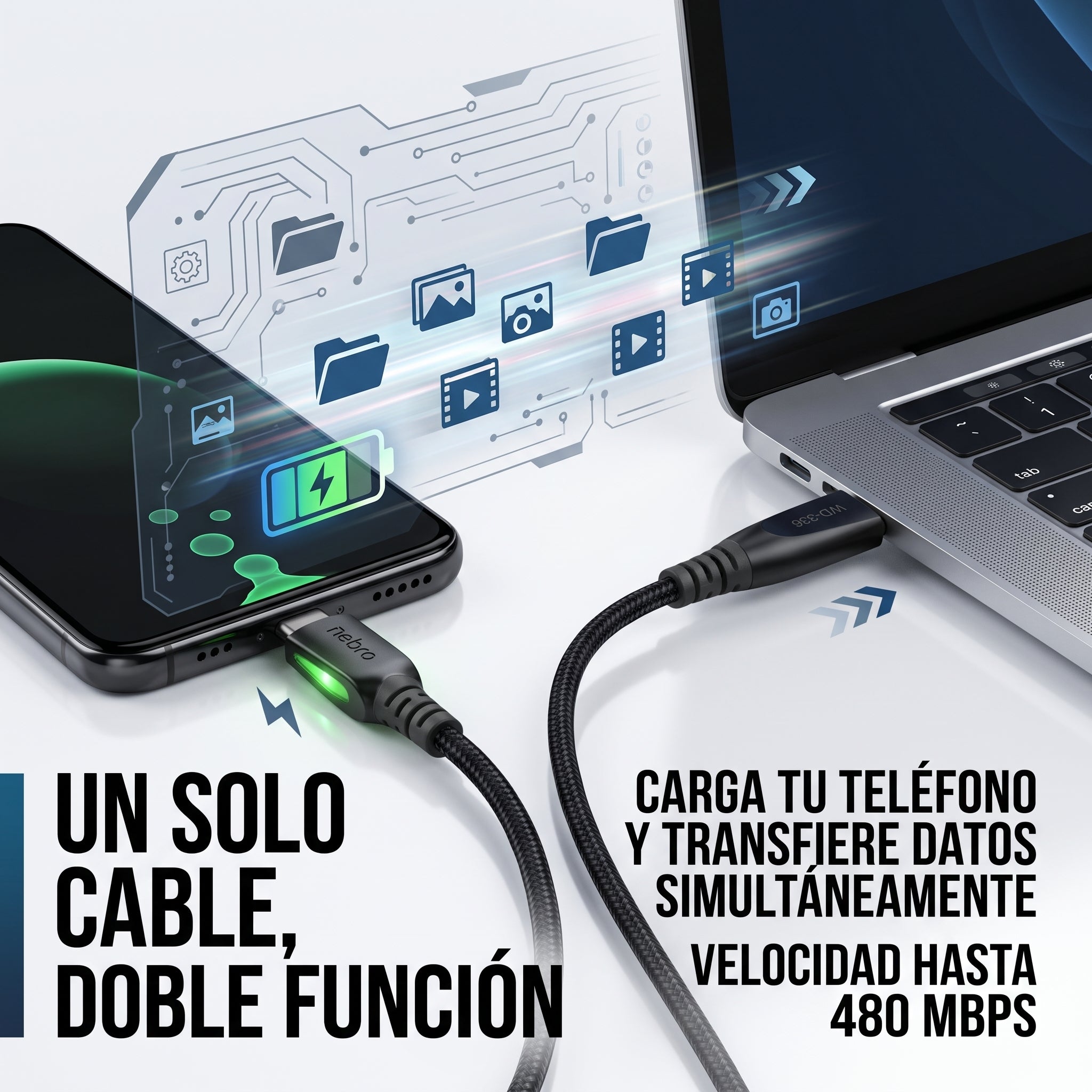 Cable USB C a USB C NEBRO WD-336 Carga Ultrarrápida 240W Silicona 1.5 Mts - Imagen 4