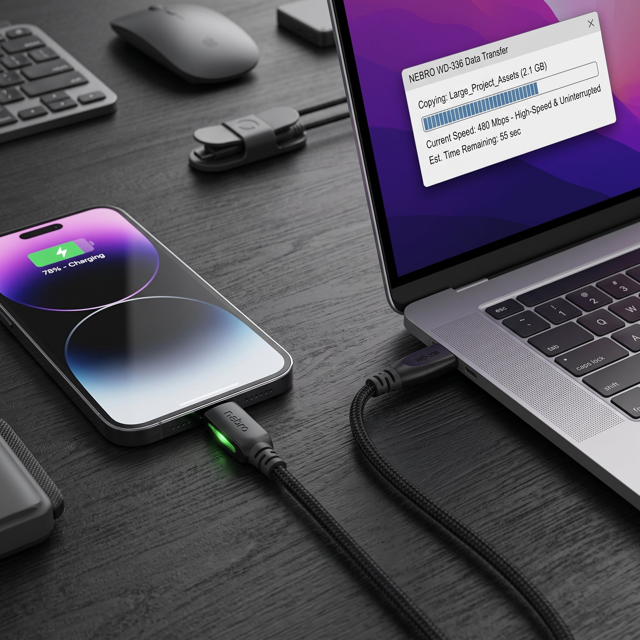 Cable USB C a USB C NEBRO WD-336 Carga Ultrarrápida 240W Silicona 1.5 Mts - Imagen 8