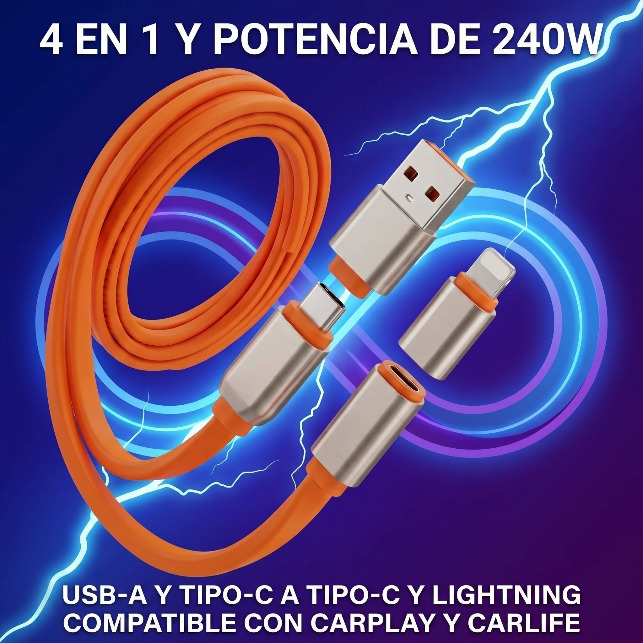 Cable 4 en 1 USB-A y Tipo-C a Tipo-C y Lightning Nebro WD-338 240W 1.2m - Imagen 4