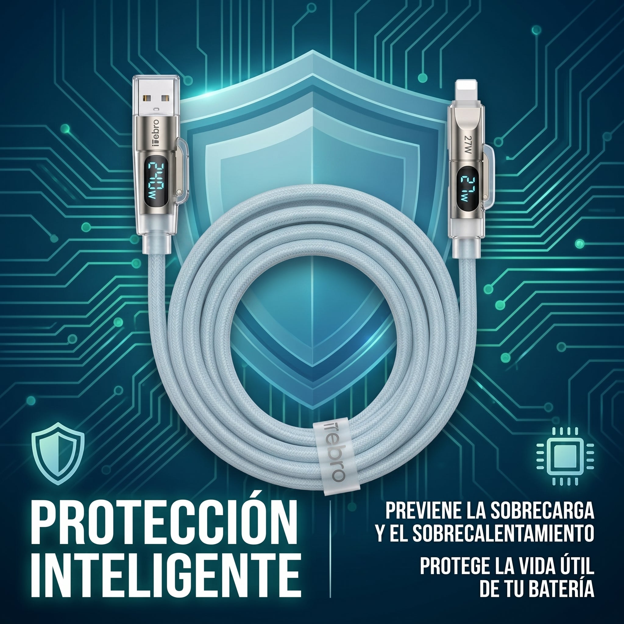 Cable 4 en 1 USB A y USB C a USB C y Lightning Nebro WD-342 Pantalla Inteligente 240W Carga Rapida - Imagen 2