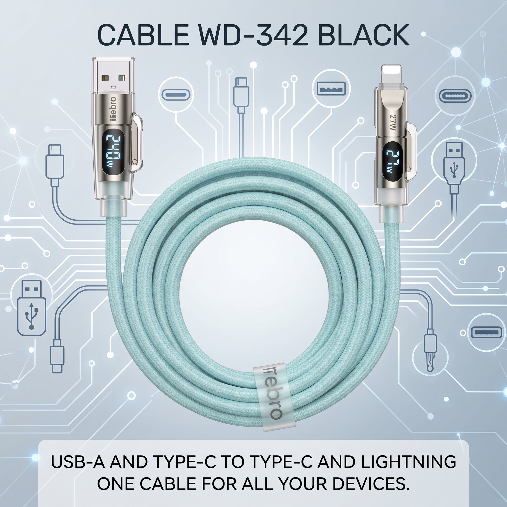 Cable 4 en 1 USB A y USB C a USB C y Lightning Nebro WD-342 Pantalla Inteligente 240W Carga Rapida - Imagen 3