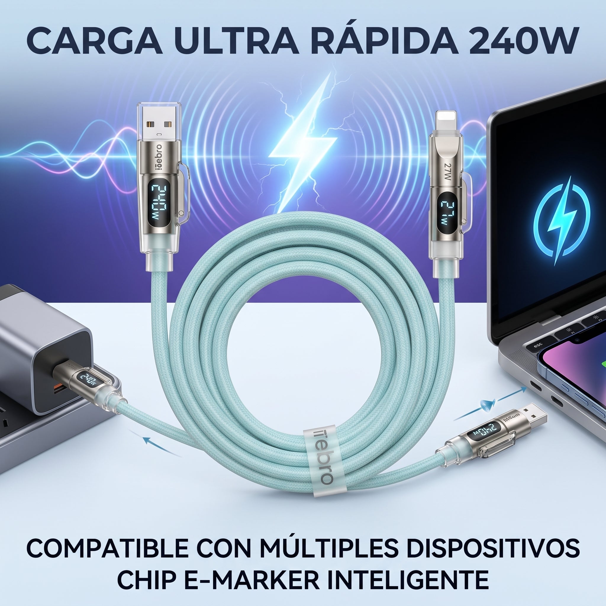 Cable 4 en 1 USB A y USB C a USB C y Lightning Nebro WD-342 Pantalla Inteligente 240W Carga Rapida - Imagen 4