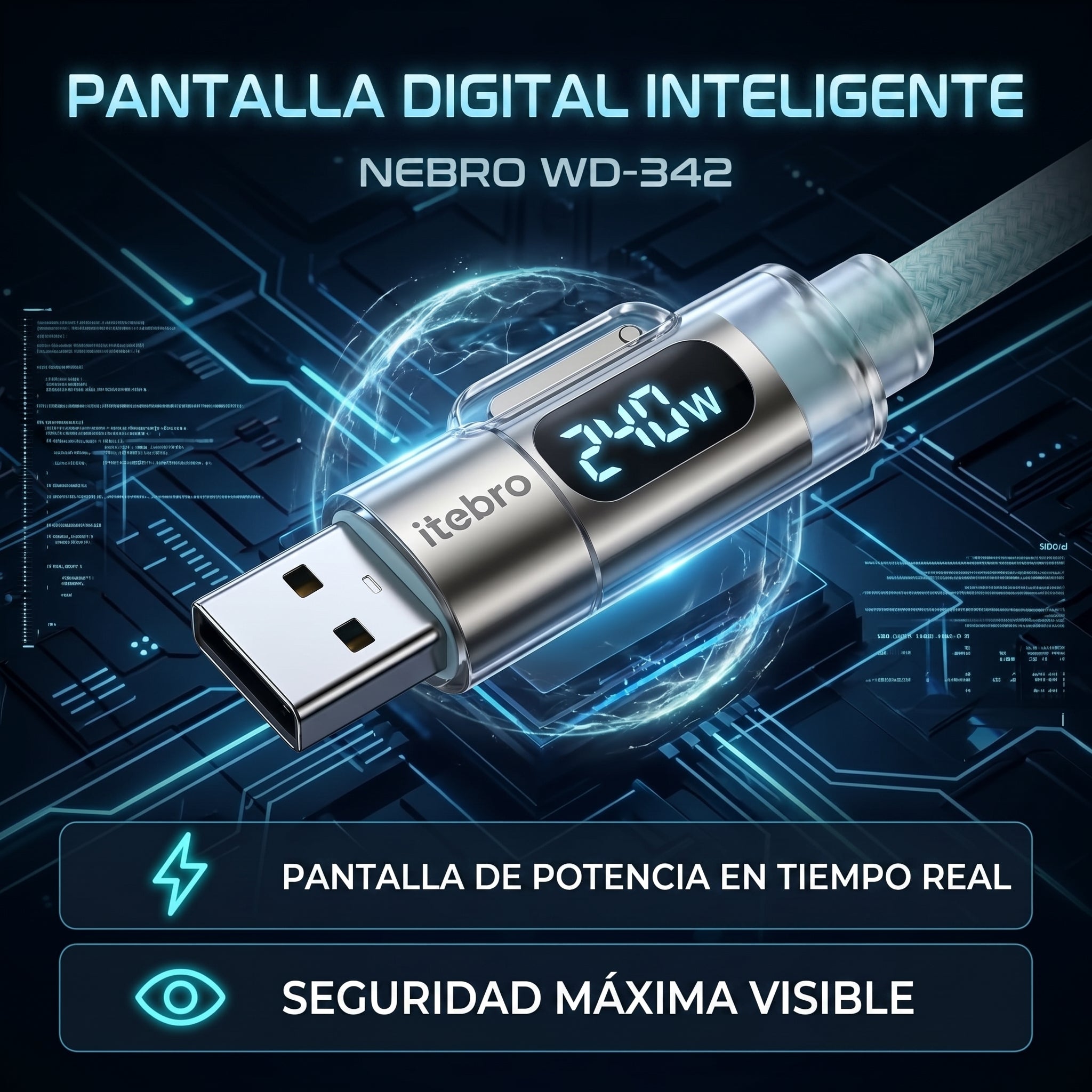Cable 4 en 1 USB A y USB C a USB C y Lightning Nebro WD-342 Pantalla Inteligente 240W Carga Rapida - Imagen 5