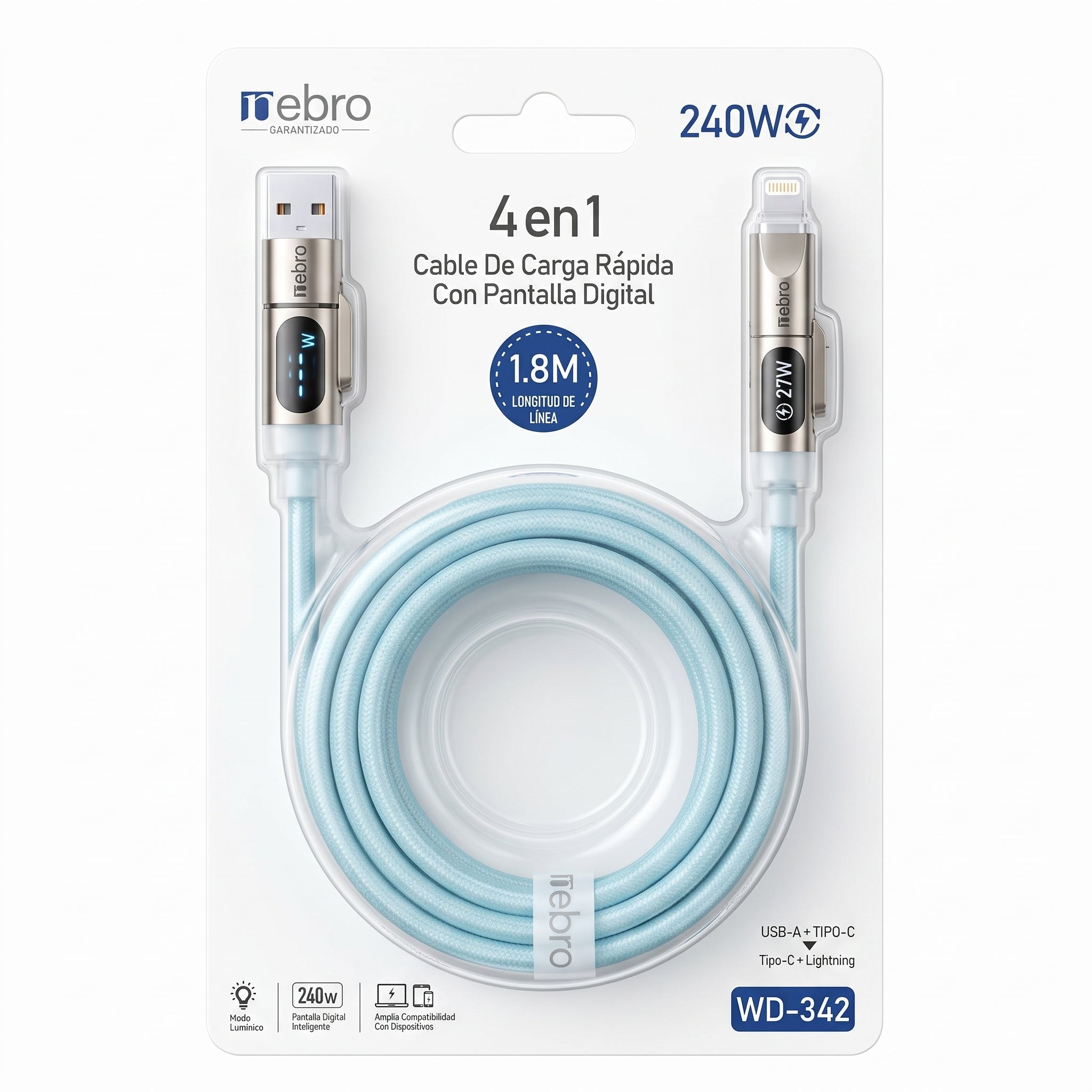Cable 4 en 1 USB A y USB C a USB C y Lightning Nebro WD-342 Pantalla Inteligente 240W Carga Rapida - Imagen 8