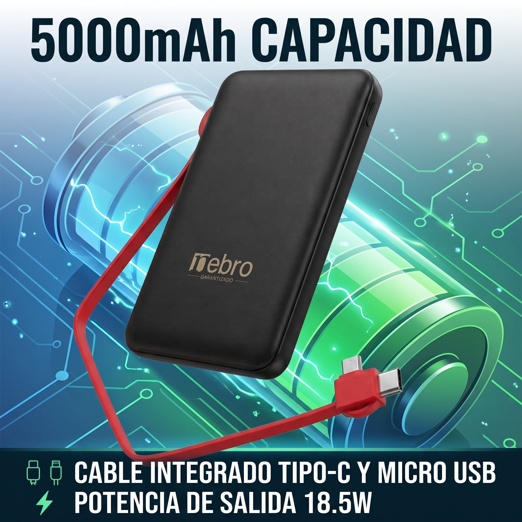 Power Bank Bateria Portátil Nebro WB-161 Cable Integrado Tipo-C y Micro USB 5000MAH - Imagen 2