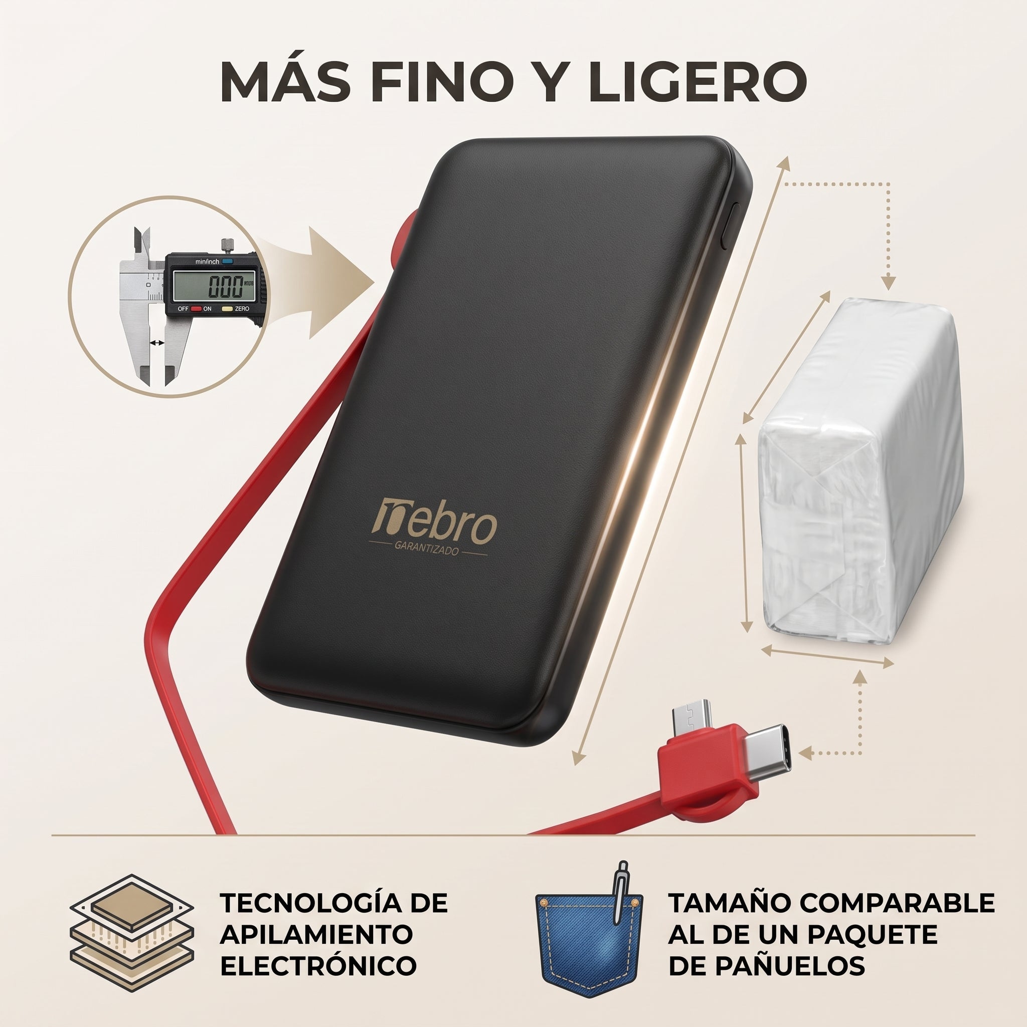 Power Bank Bateria Portátil Nebro WB-161 Cable Integrado Tipo-C y Micro USB 5000MAH - Imagen 5