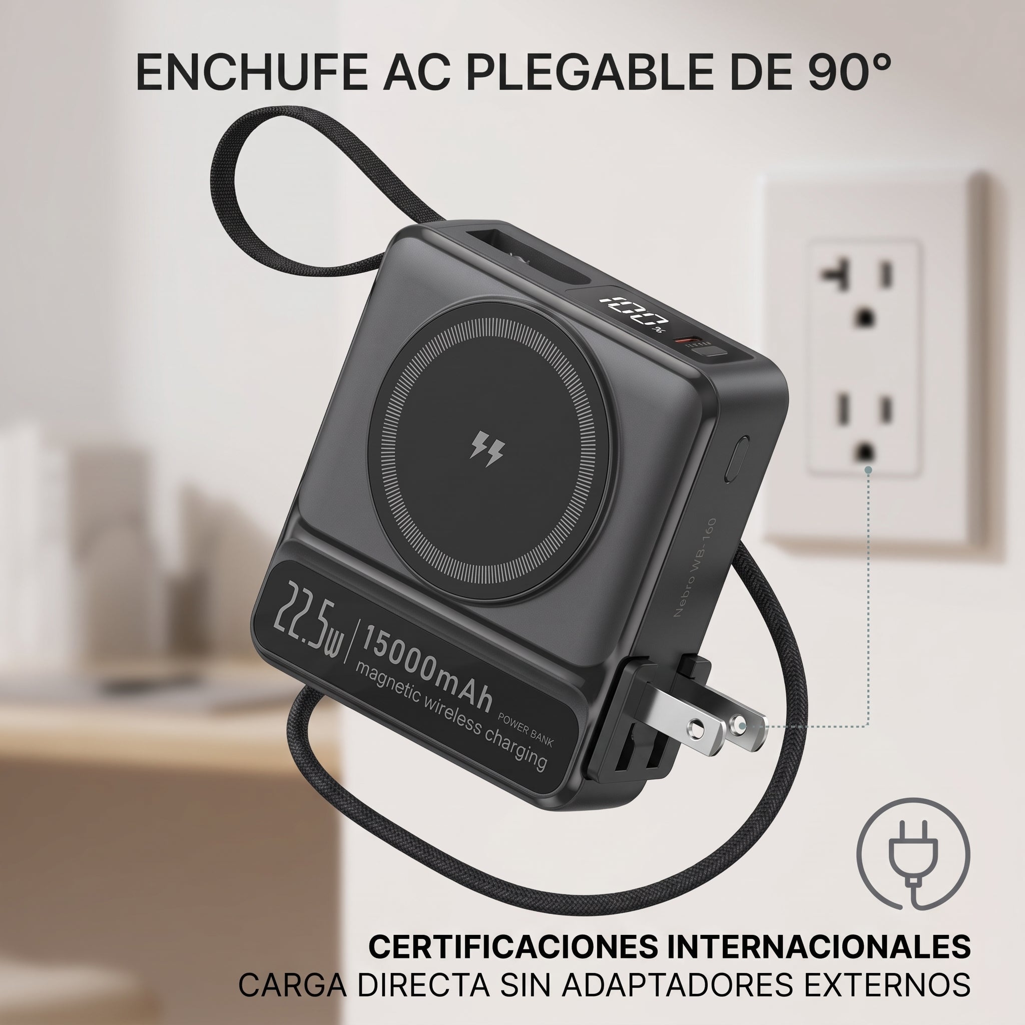 Powerbank Bateria Portatil Nebro WB-160 Enchufe AC MagSafe y Cables Integrados - Imagen 2