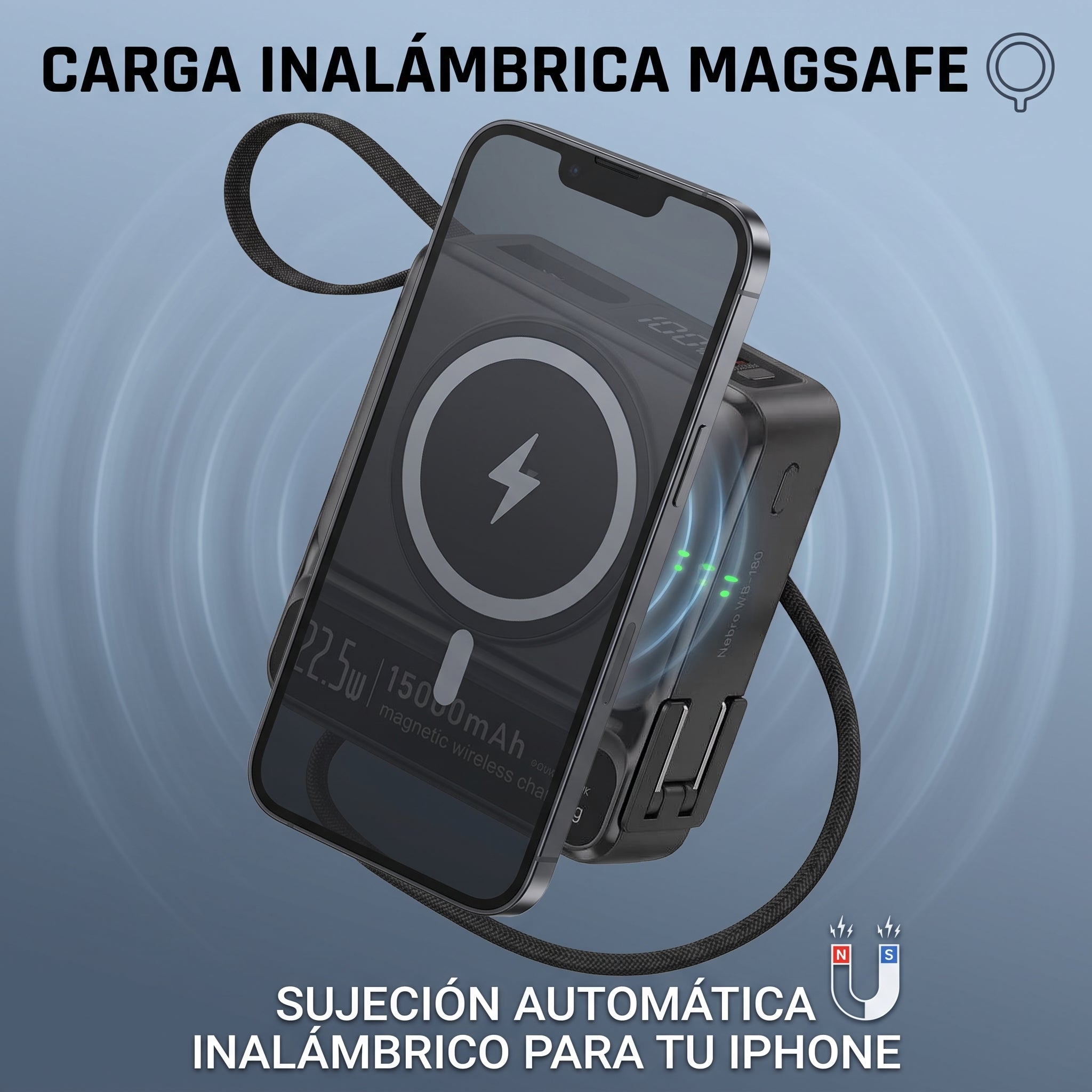 Powerbank Bateria Portatil Nebro WB-160 Enchufe AC MagSafe y Cables Integrados - Imagen 4