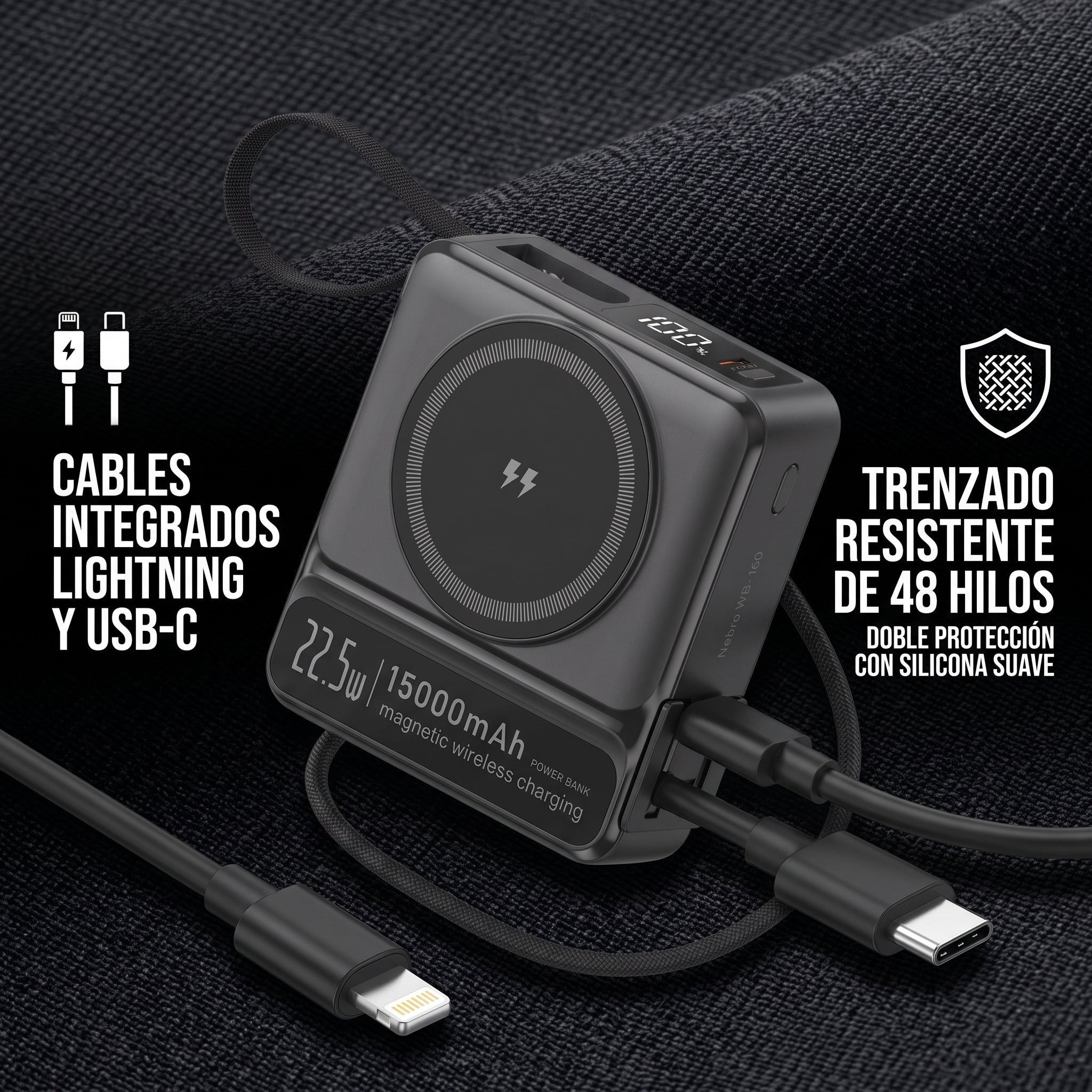 Powerbank Bateria Portatil Nebro WB-160 Enchufe AC MagSafe y Cables Integrados - Imagen 5
