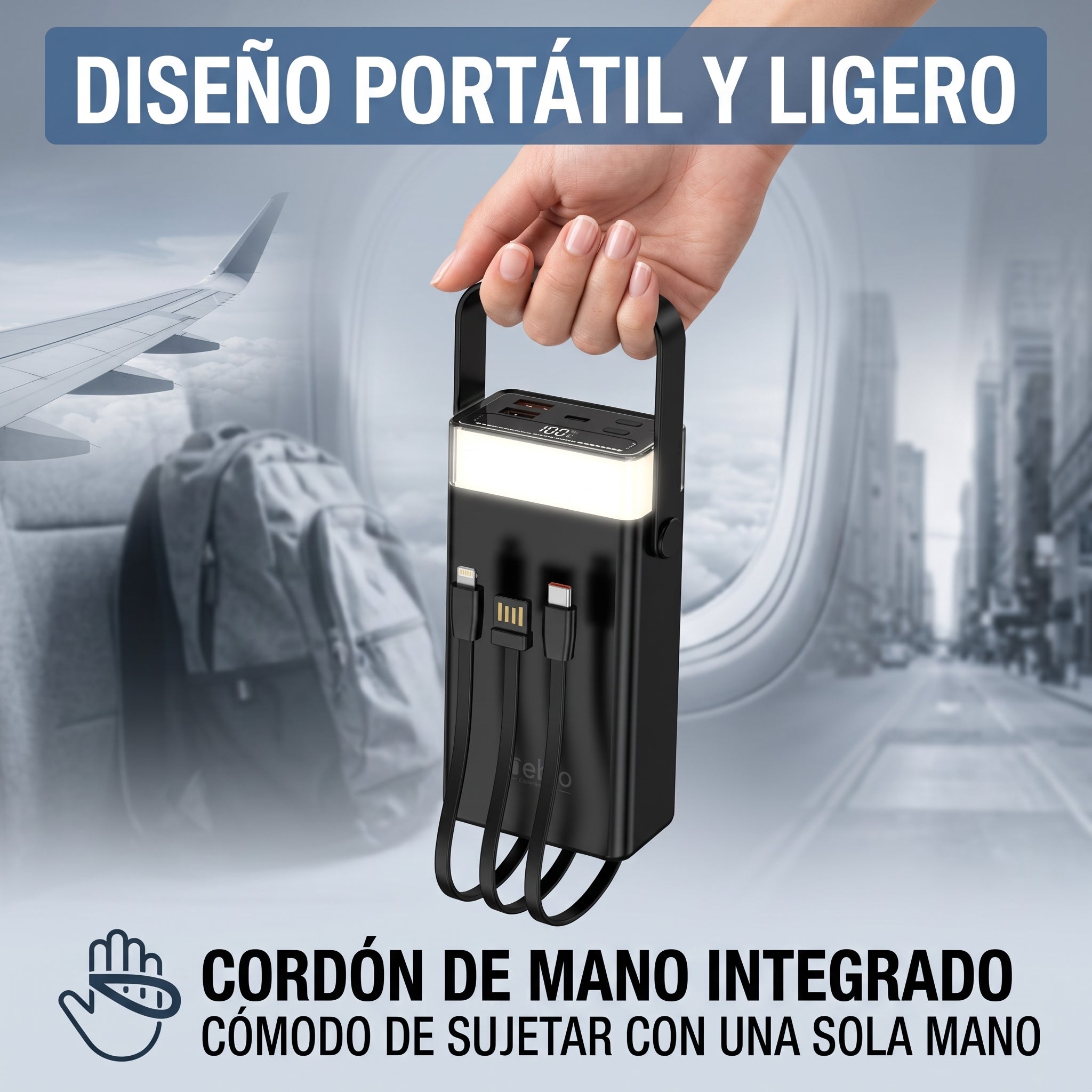 Power Bank Nebro WB-162 20000mAh Cables Integrados 77W Luz LED - Imagen 2