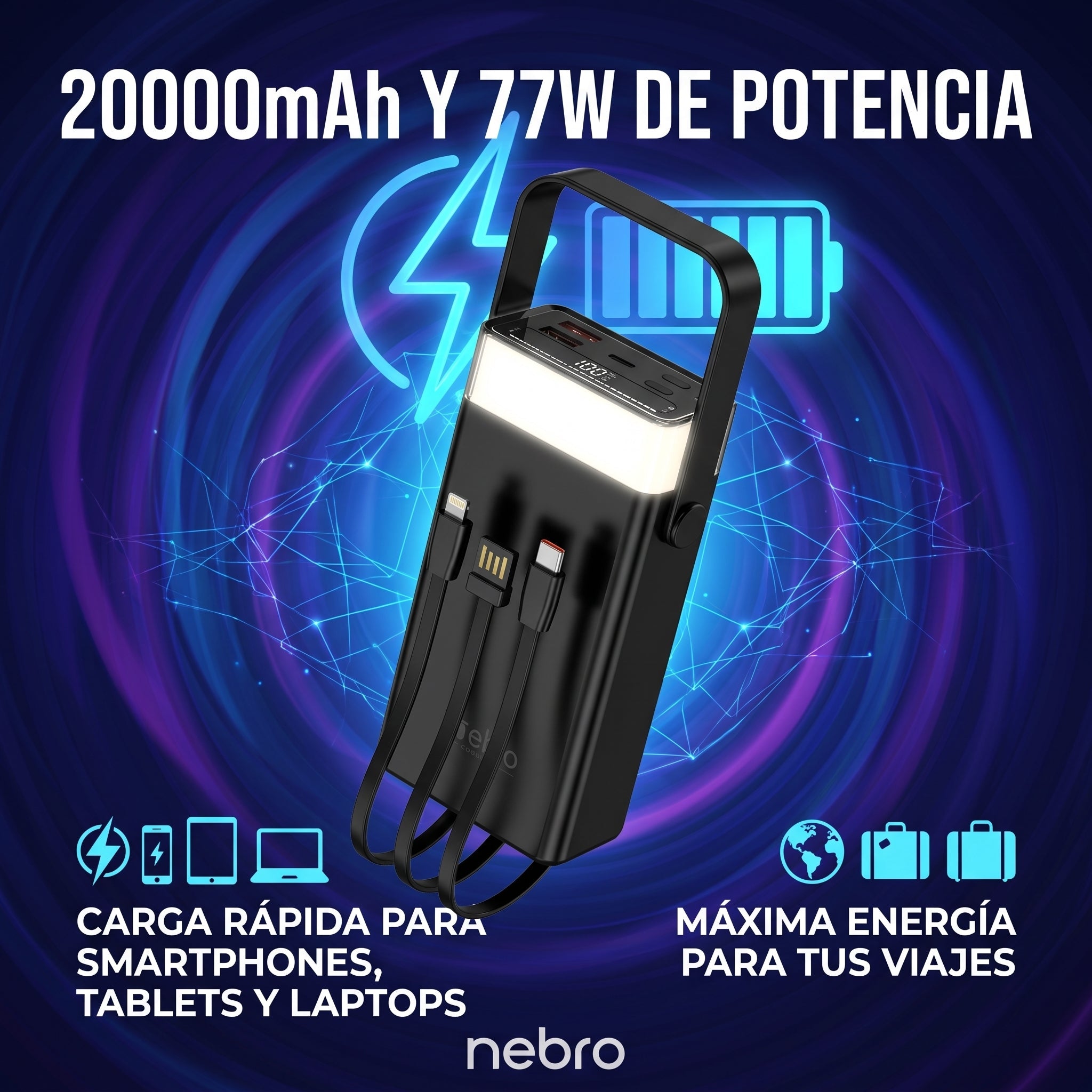 Power Bank Nebro WB-162 20000mAh Cables Integrados 77W Luz LED - Imagen 3