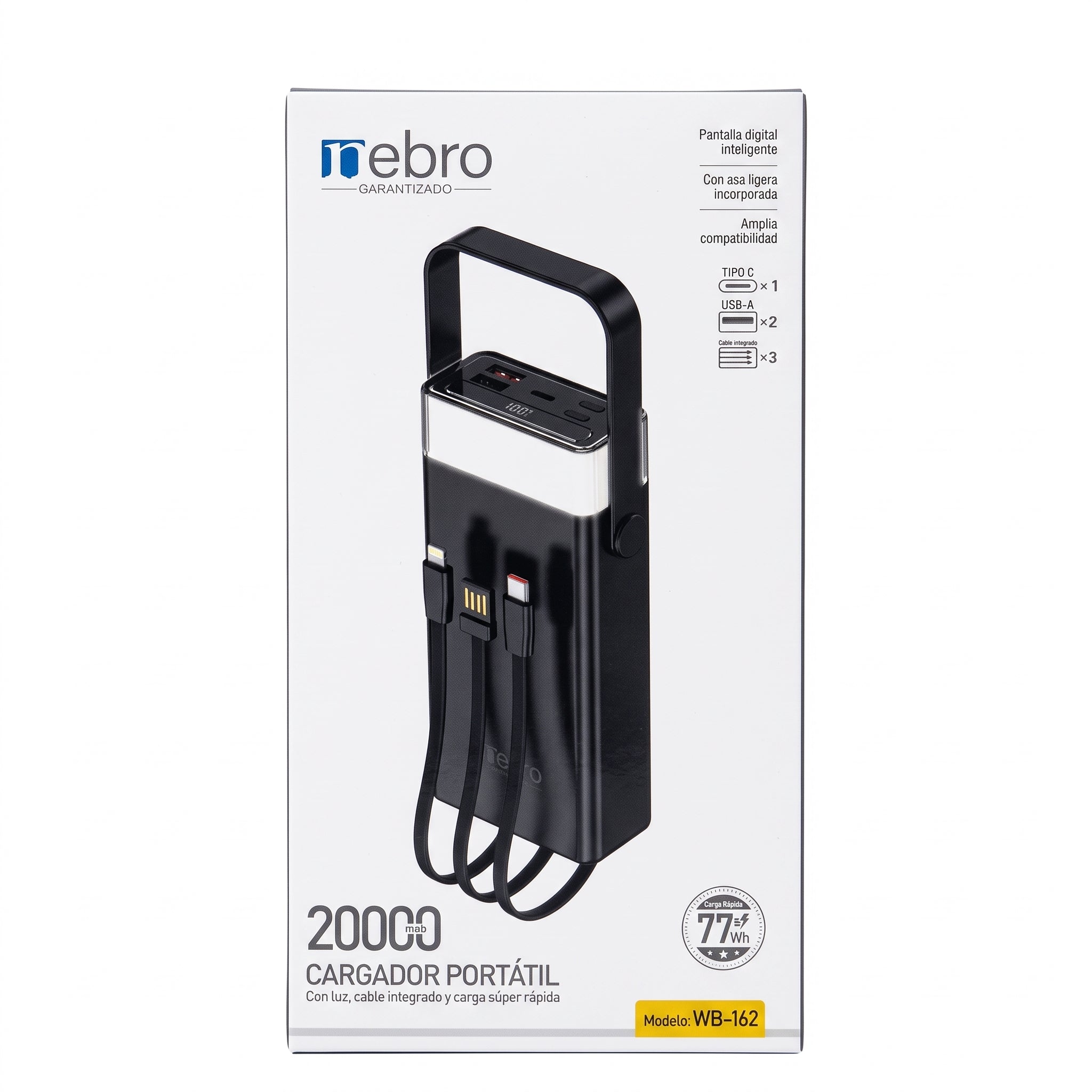 Power Bank Nebro WB-162 20000mAh Cables Integrados 77W Luz LED - Imagen 6