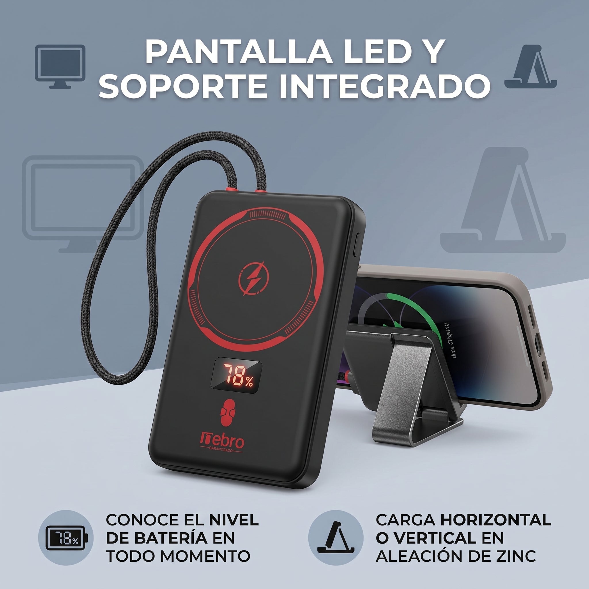 Batería Portátil Nebro WB-157 15W Carga Inalámbrica Magnética Pantalla LED - Imagen 2