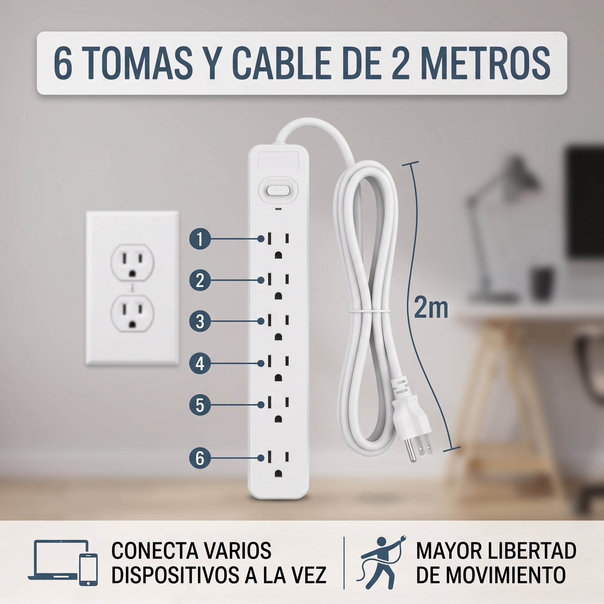 Multicontacto Moreka MC-5449 de 6 Tomas Cable de 2 Metros 2500W - Imagen 3