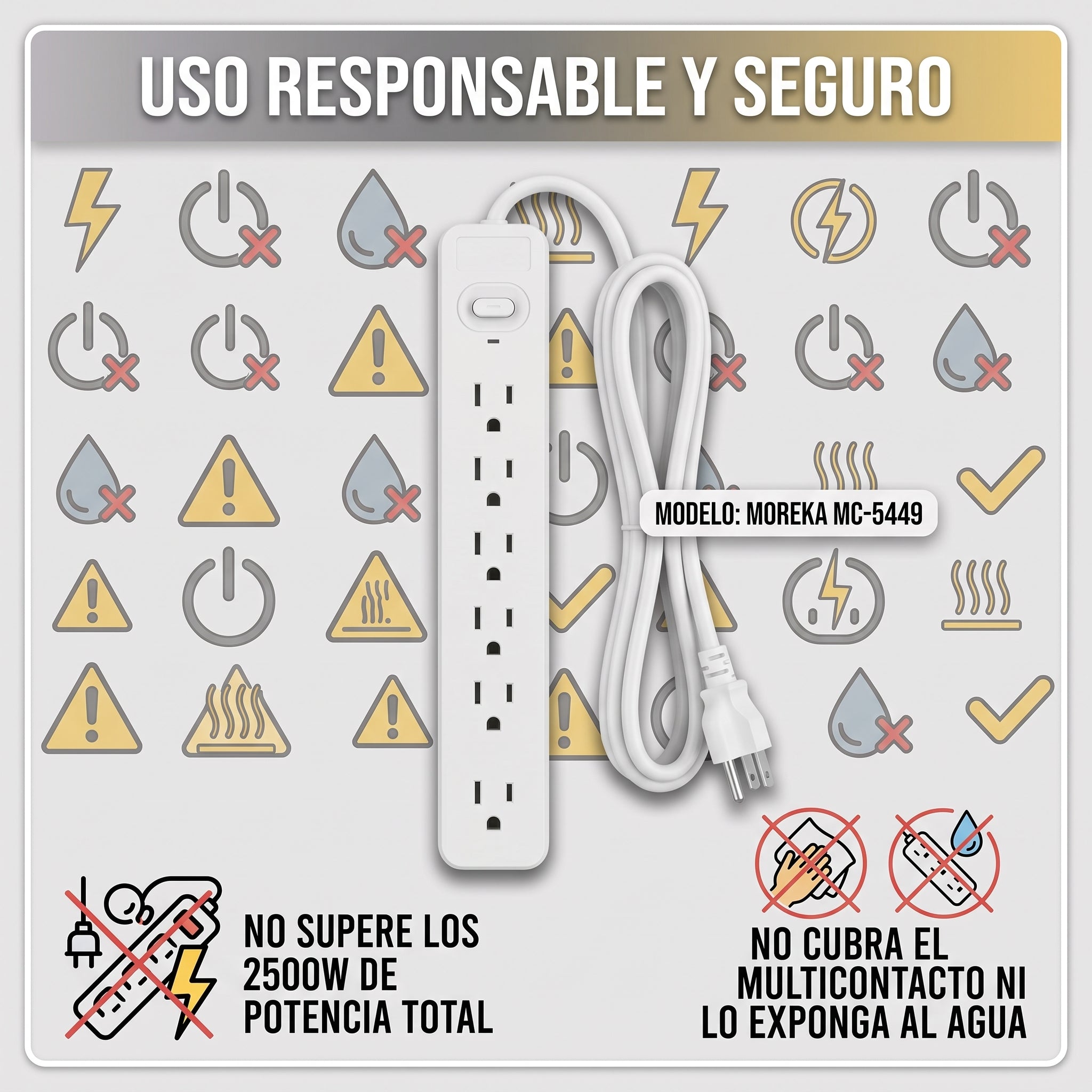Multicontacto Moreka MC-5449 de 6 Tomas Cable de 2 Metros 2500W - Imagen 6