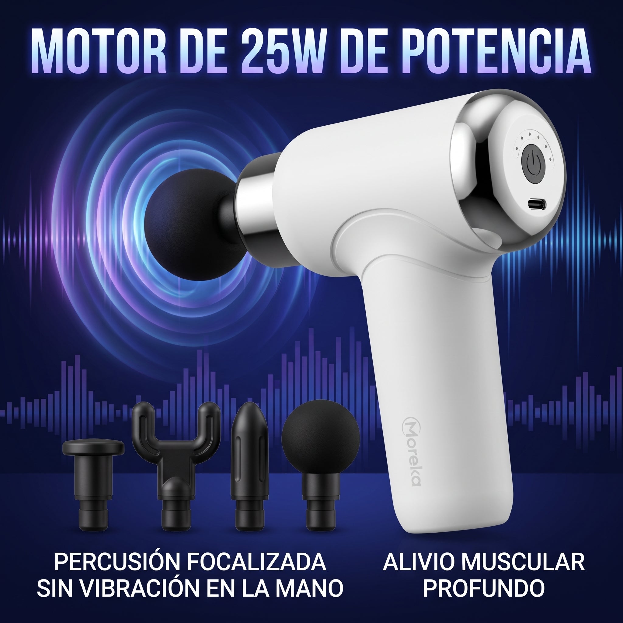 Pistola Facial Moreka S100-T Masajeador Muscular Portátil Cabezales Intercambiables - Imagen 2