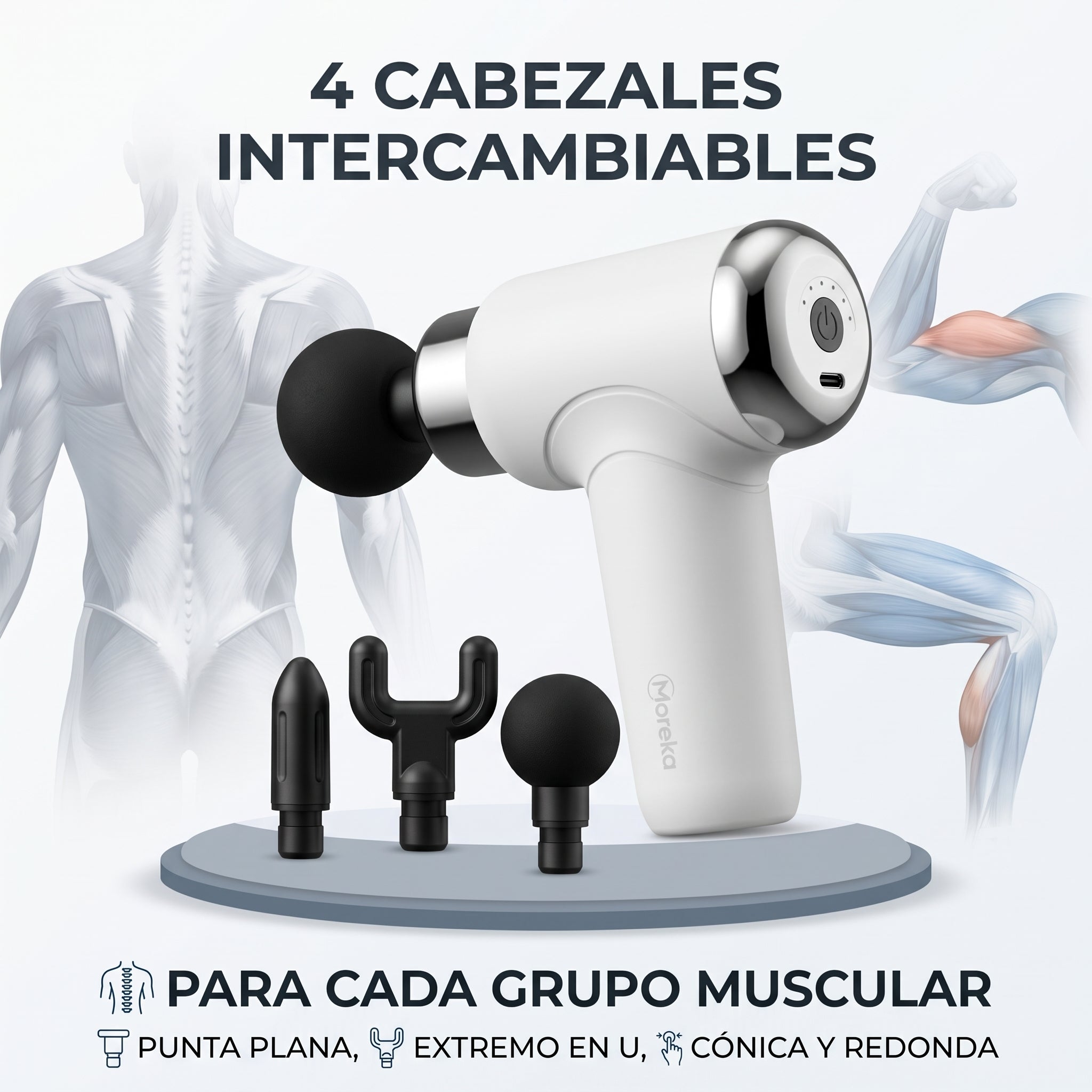 Pistola Facial Moreka S100-T Masajeador Muscular Portátil Cabezales Intercambiables - Imagen 3
