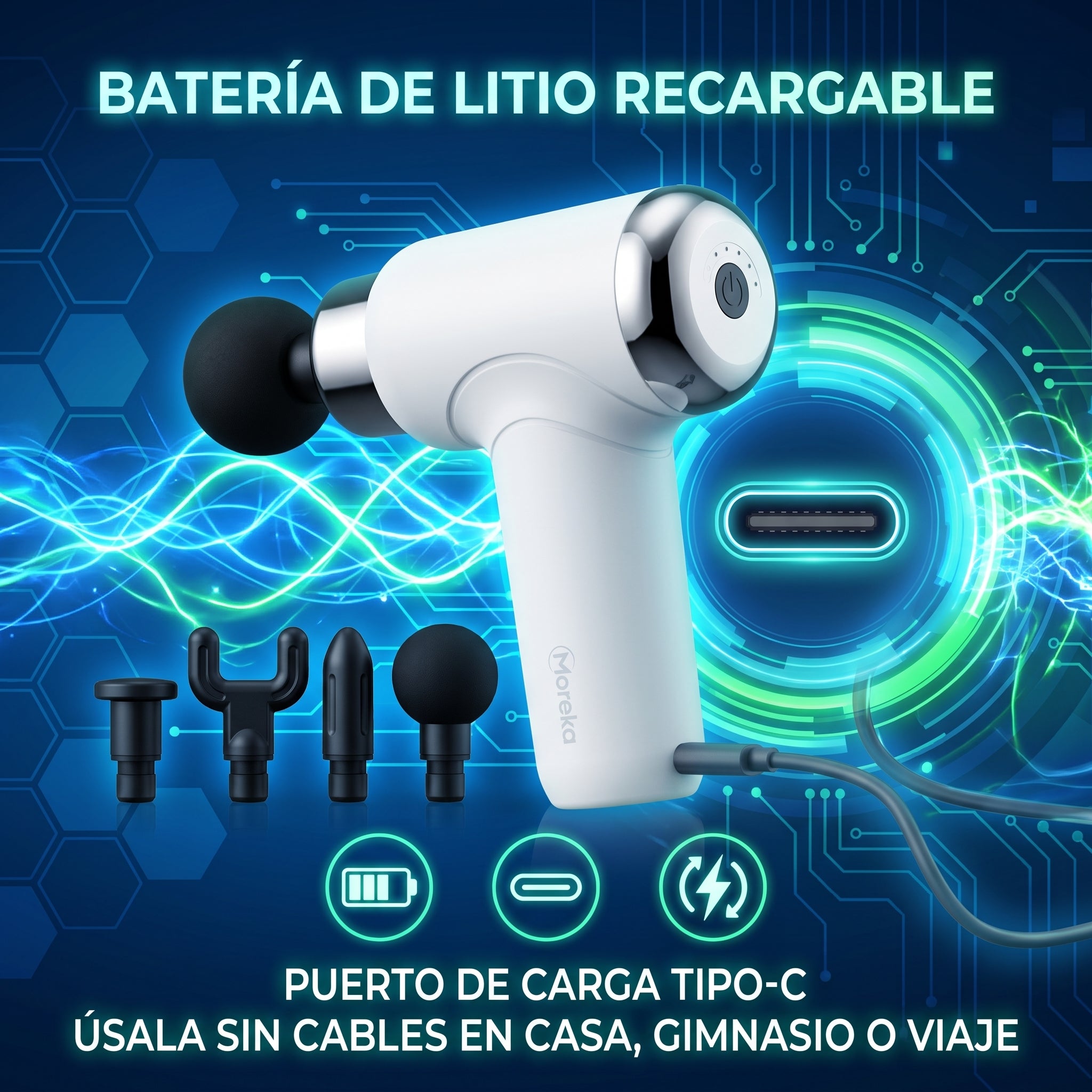 Pistola Facial Moreka S100-T Masajeador Muscular Portátil Cabezales Intercambiables - Imagen 4