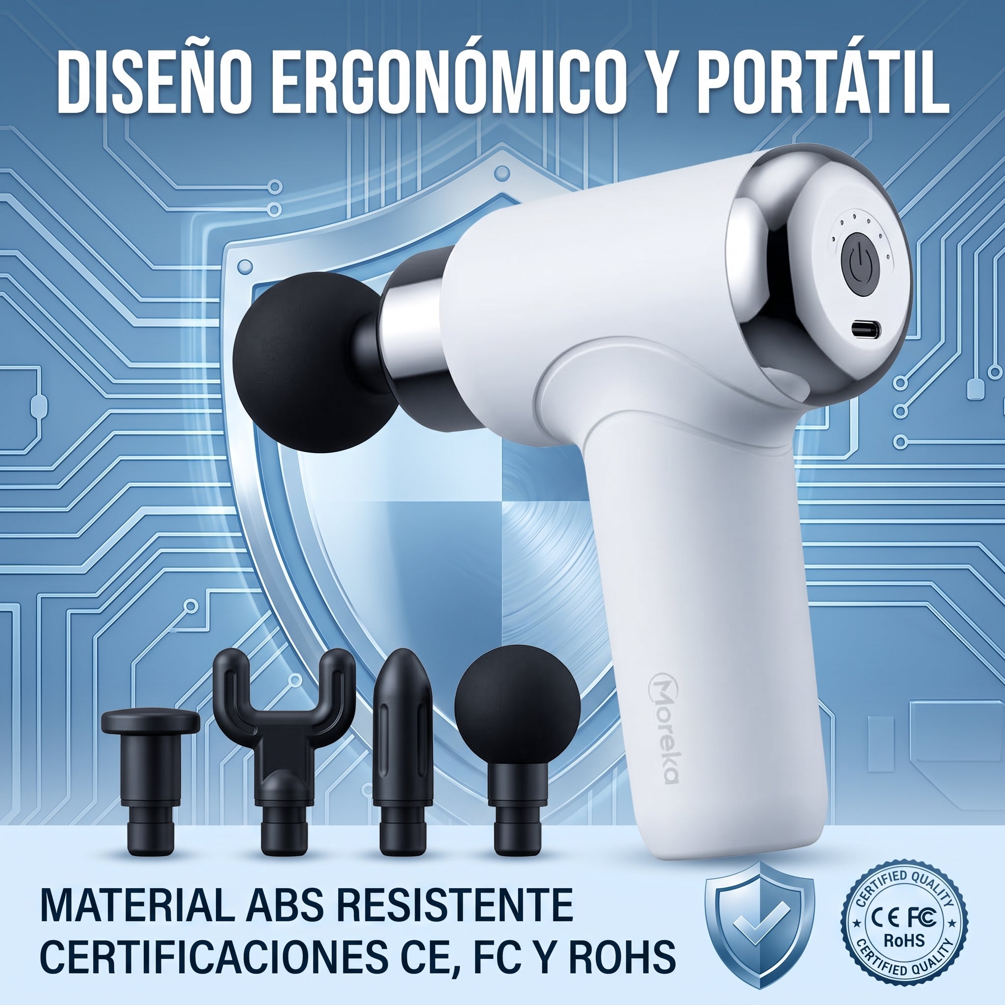 Pistola Facial Moreka S100-T Masajeador Muscular Portátil Cabezales Intercambiables - Imagen 5