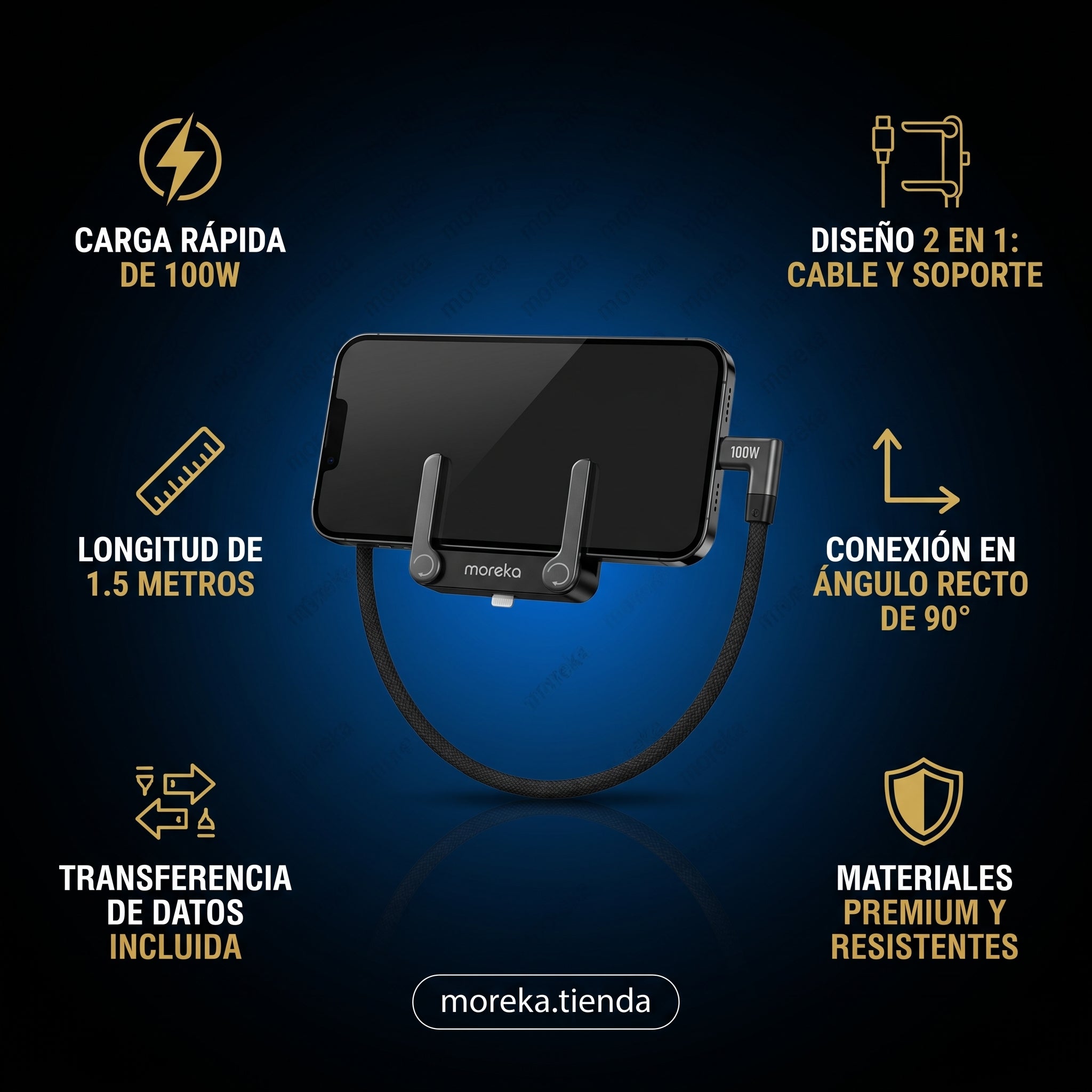 Cable de Carga Rápida 100W Moreka CB-062 con Soporte para Celular 2 en 1 - Imagen 4