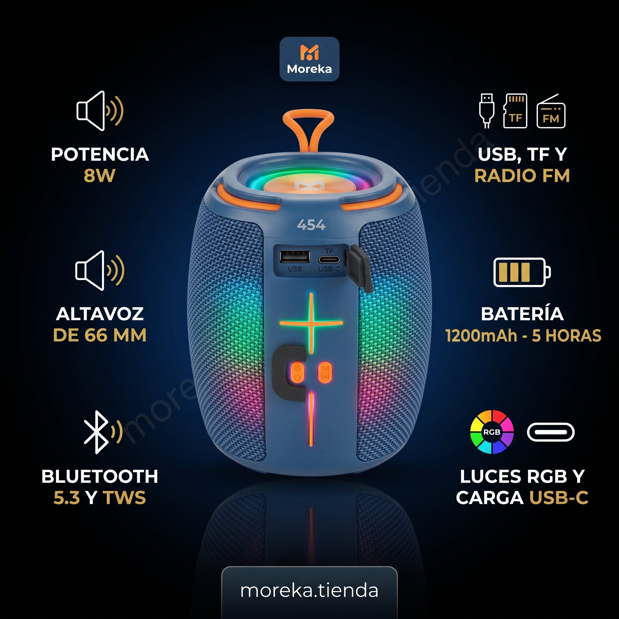 Bocina Inalámbrica Moreka-454 8W con Bluetooth 5.3, Luces RGB y Función TWS - Imagen 3