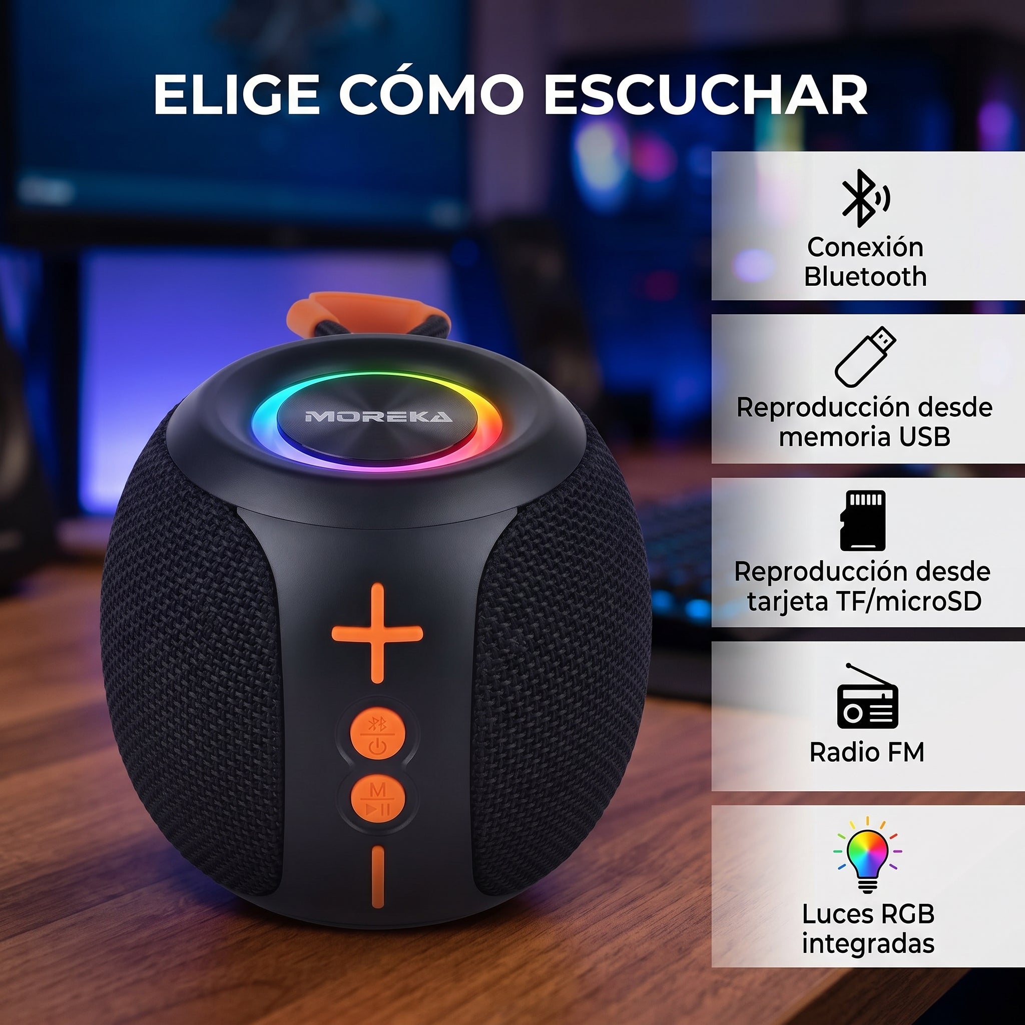 Bocina Inalámbrica Moreka-451 5W con Bluetooth 5.4, Luces RGB y Función TWS - Imagen 3