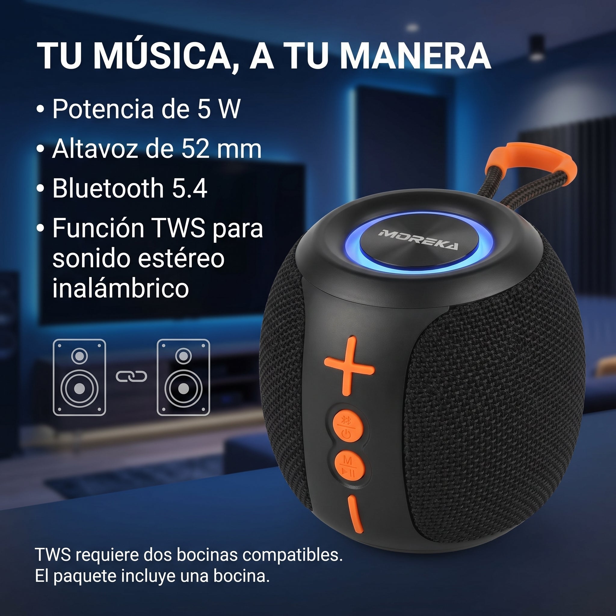 Bocina Inalámbrica Moreka-451 5W con Bluetooth 5.4, Luces RGB y Función TWS - Imagen 4