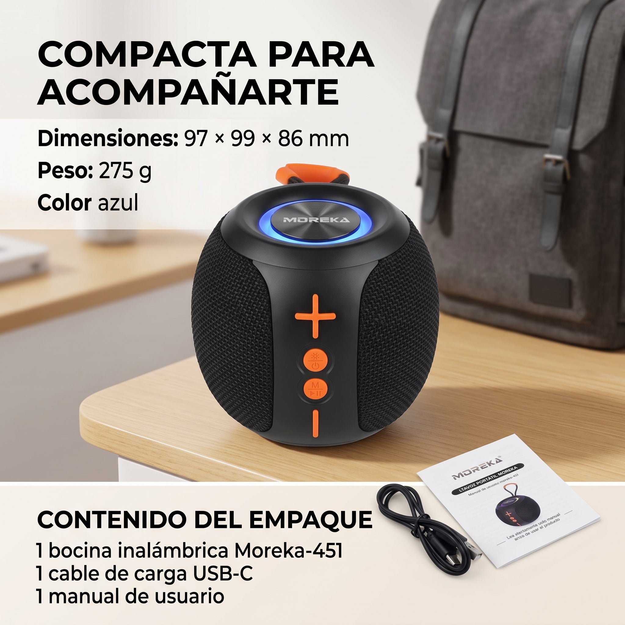 Bocina Inalámbrica Moreka-451 5W con Bluetooth 5.4, Luces RGB y Función TWS - Imagen 6