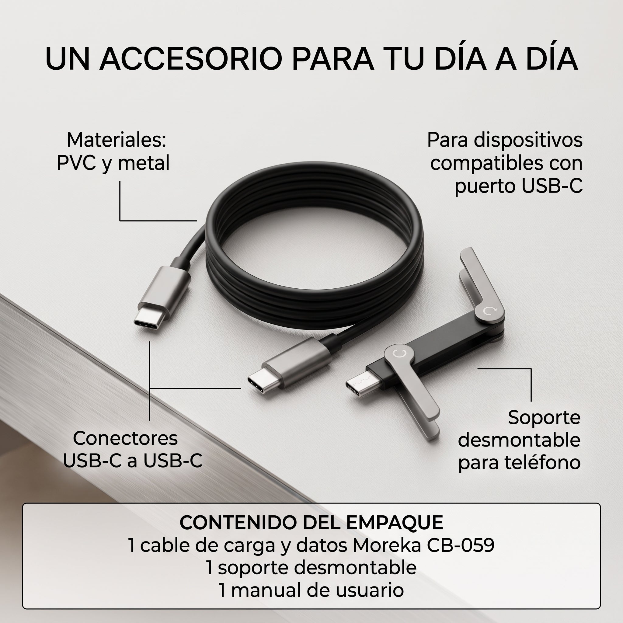 Cable de Carga y Datos Moreka CB-059 100W USB-C a USB-C con Soporte Desmontable - Imagen 2