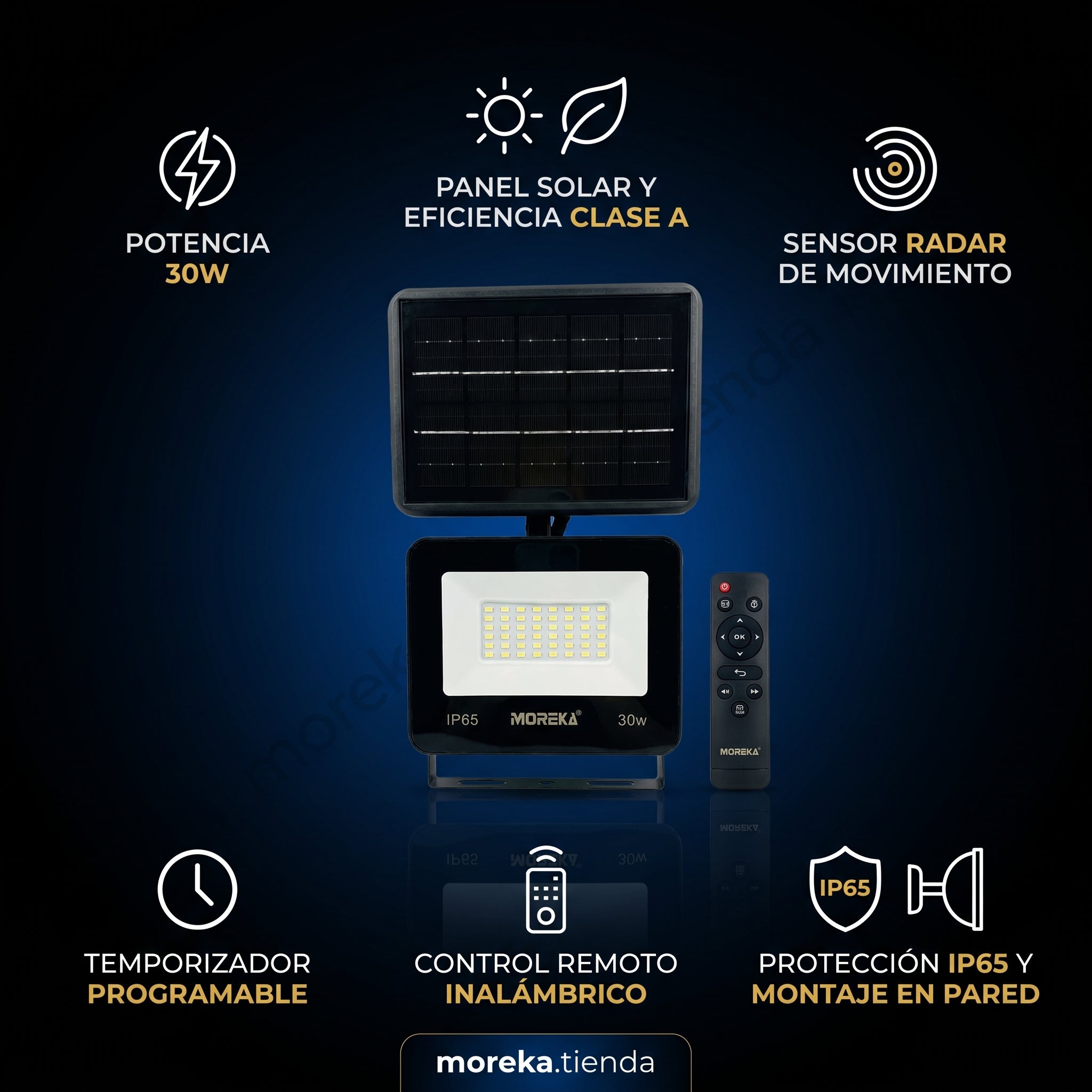 Reflector Solar LED Moreka GD-XX30W 30W con Sensor Radar, Control Remoto e IP65 - Imagen 2