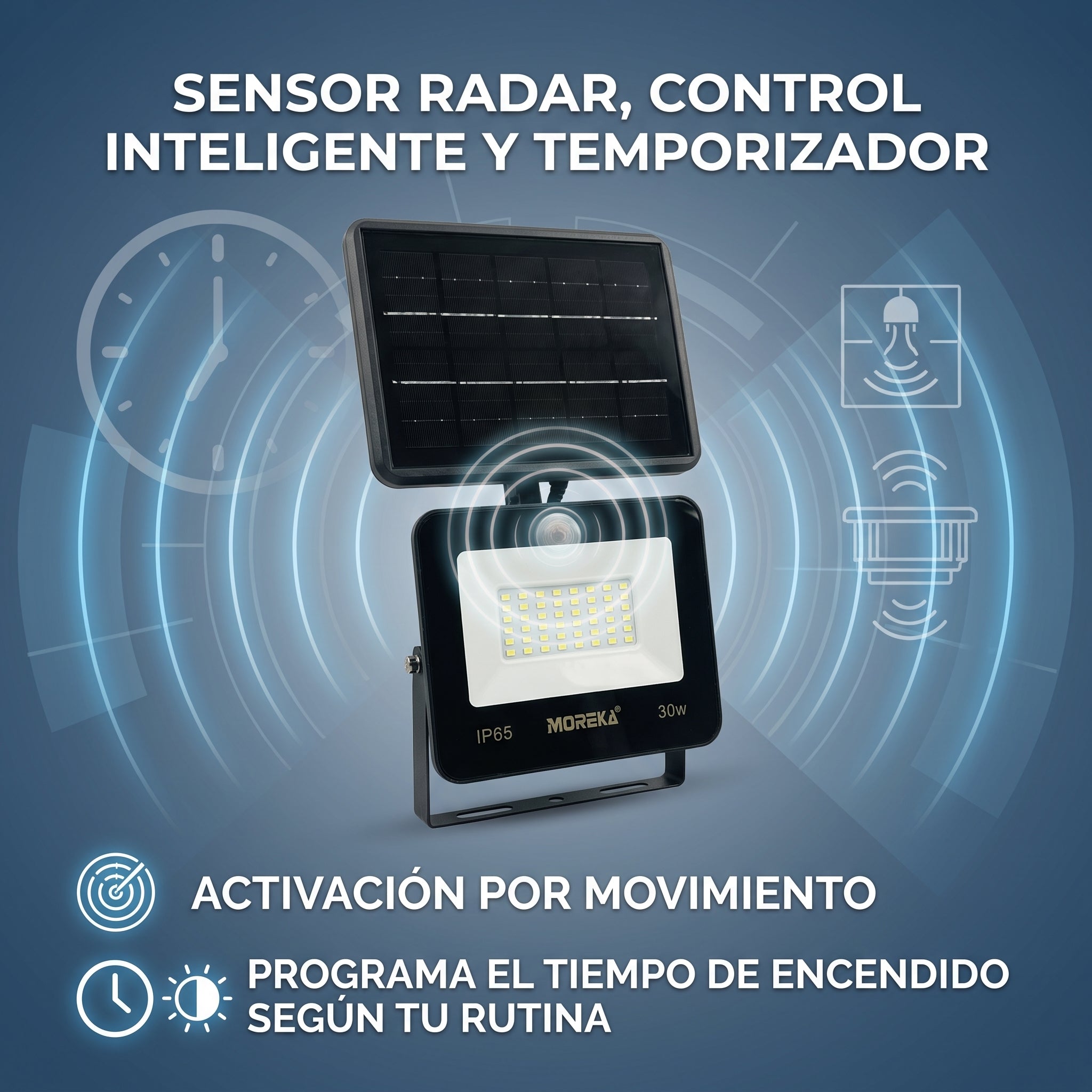 Reflector Solar LED Moreka GD-XX30W 30W con Sensor Radar, Control Remoto e IP65 - Imagen 5
