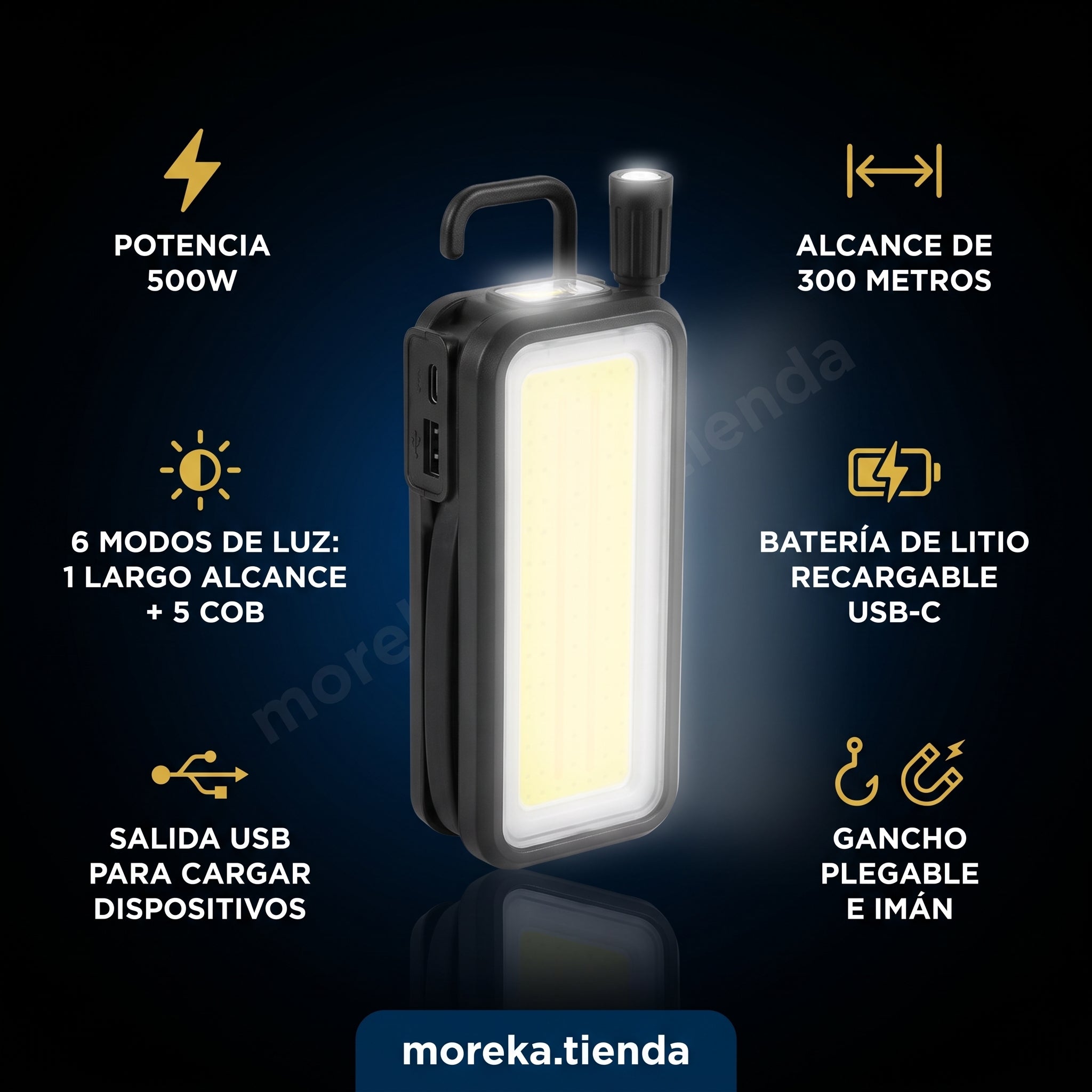 Lámpara de Trabajo LED Moreka MT-049 500W con Panel COB, Gancho e Imán - Imagen 7