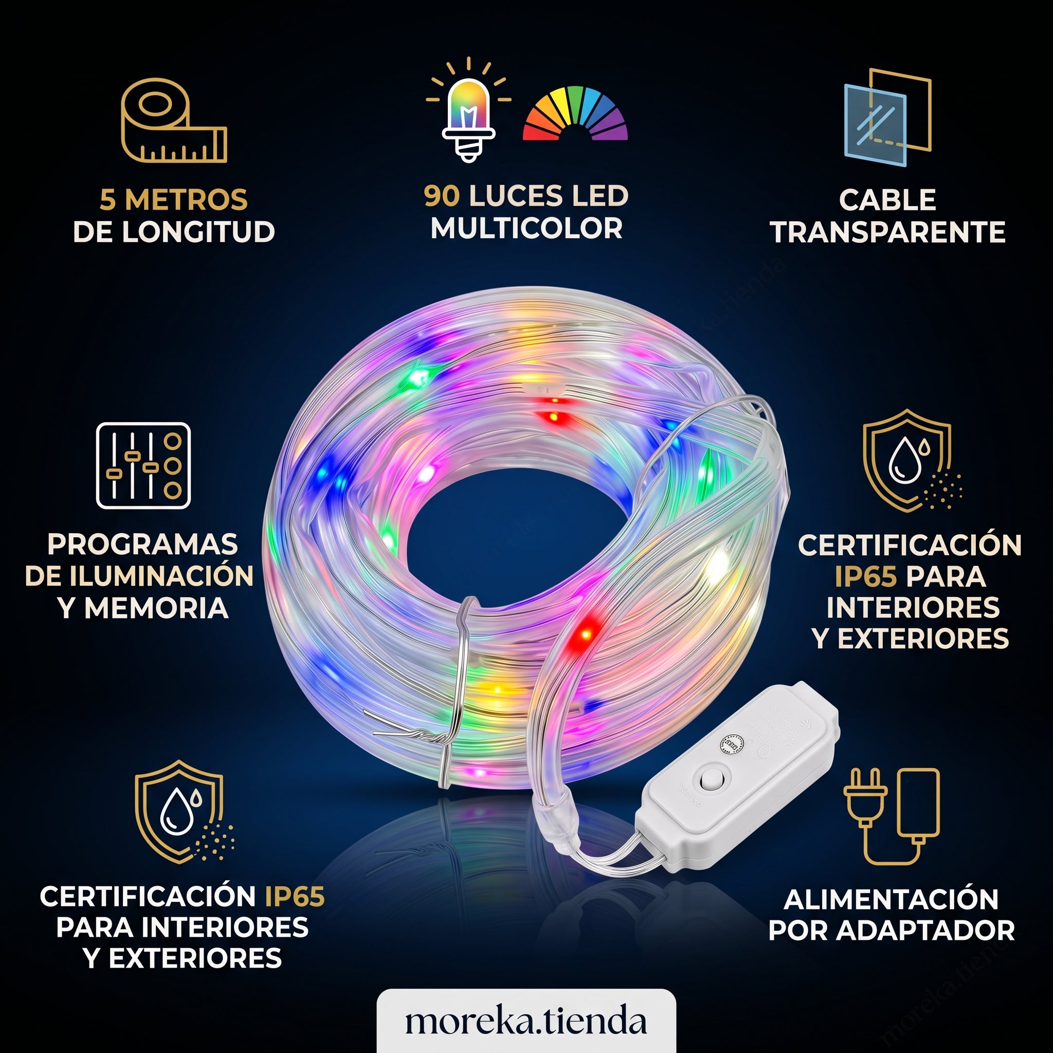 Cuerda de Luces LED Moreka M15-005 5 Metros 90 Luces Multicolor Protección IP65 - Imagen 3
