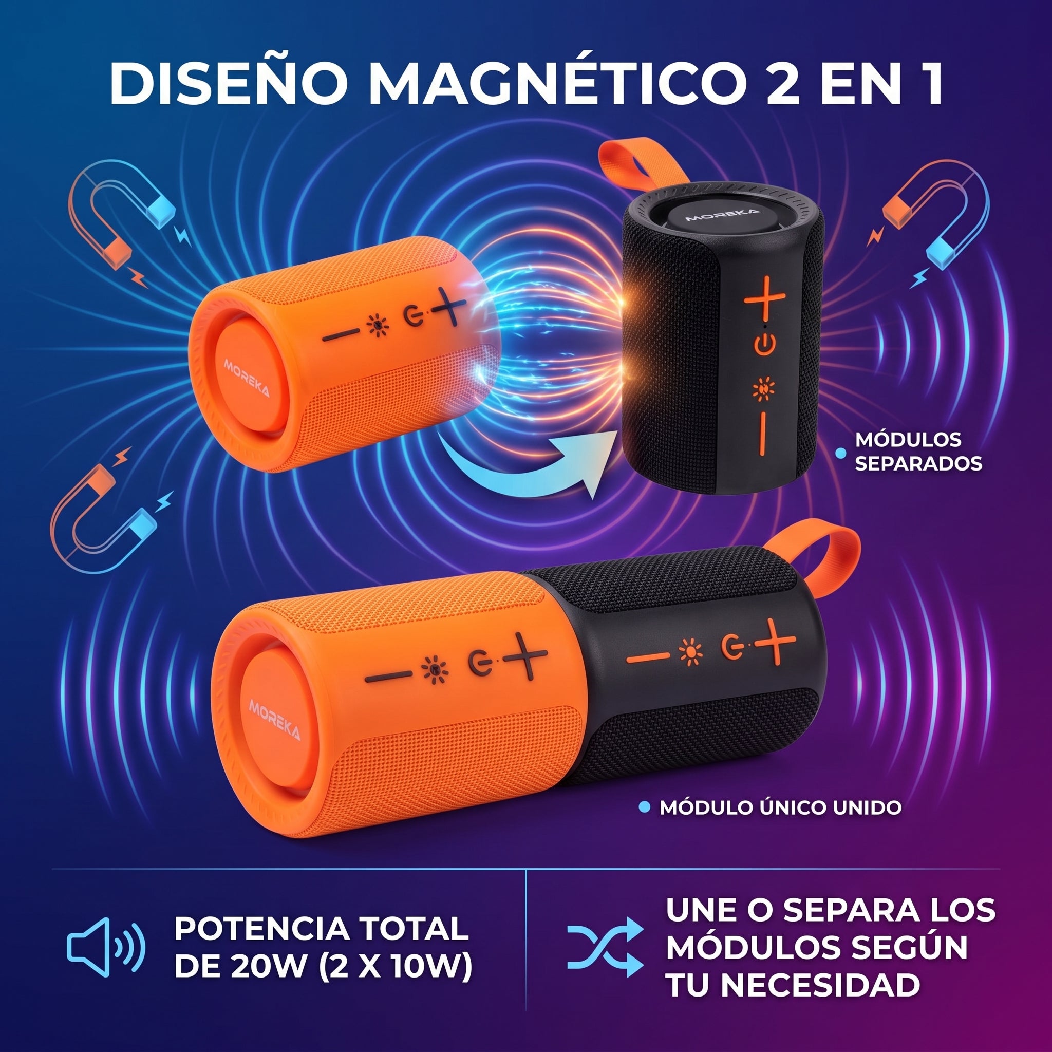 Bocina Inalámbrica Moreka-456 2 en 1 con 20W, Bluetooth 5.4 y Diseño Magnético - Imagen 6