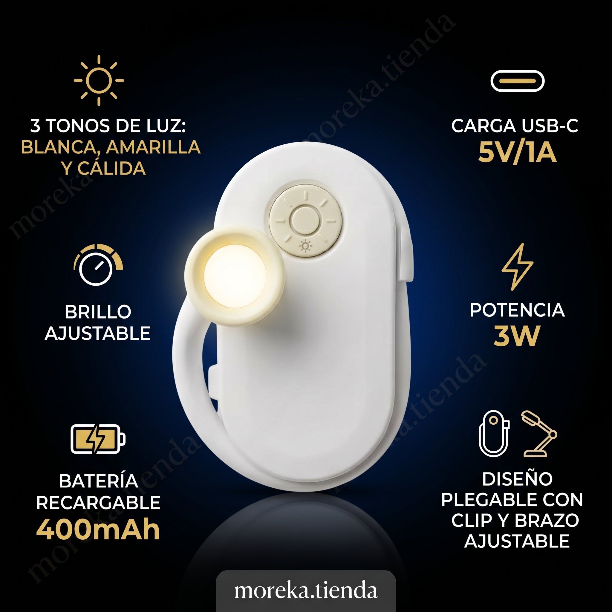 Mini Lámpara de Lectura Moreka D053 con Clip, 3 Tonos de Luz y Batería Recargable - Imagen 8